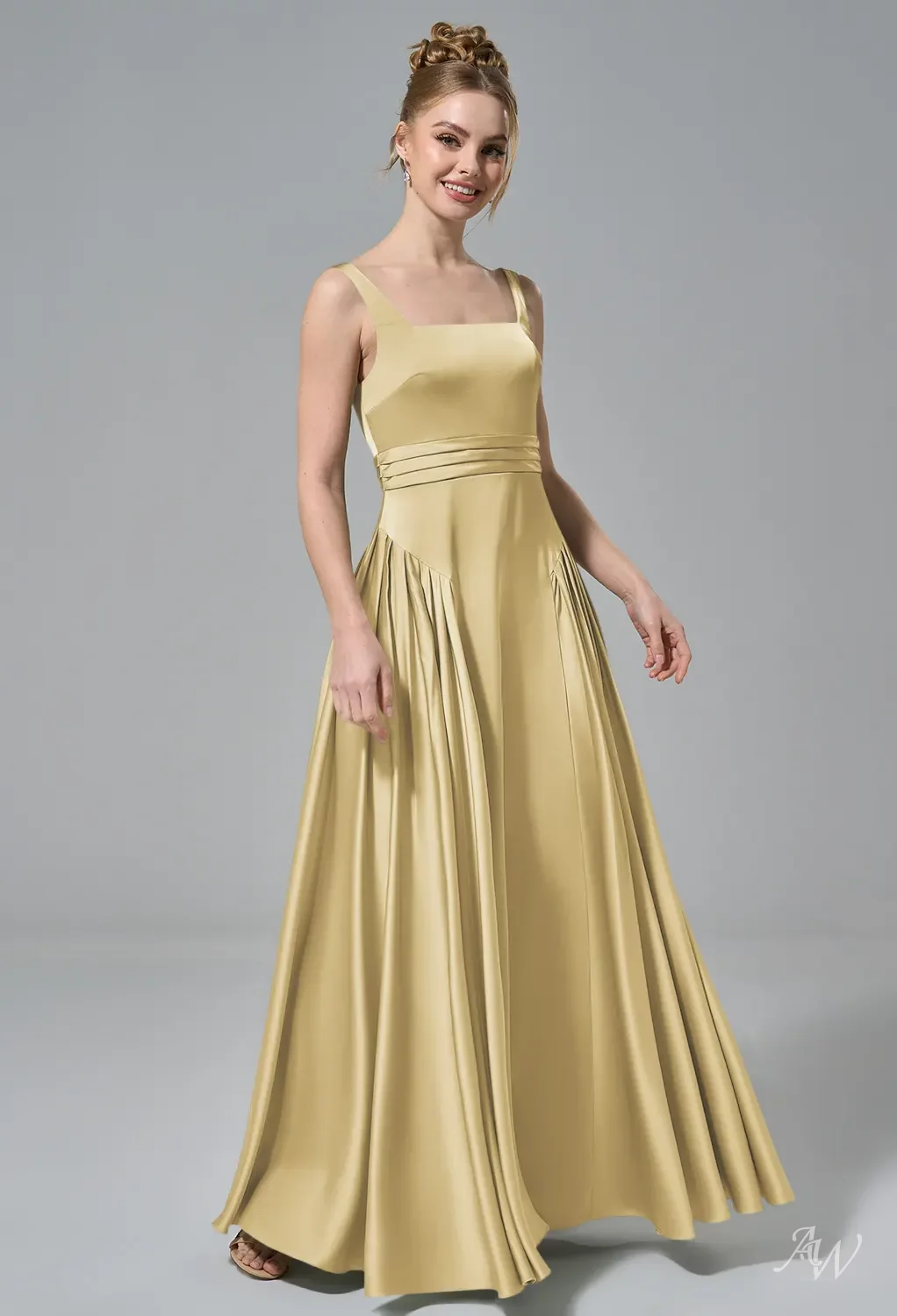 AW.Bridal A-line Square Neckline Floor Length Sleeveless Satin Long Bridesmaid Dresses Dress Sand Gold Size 6