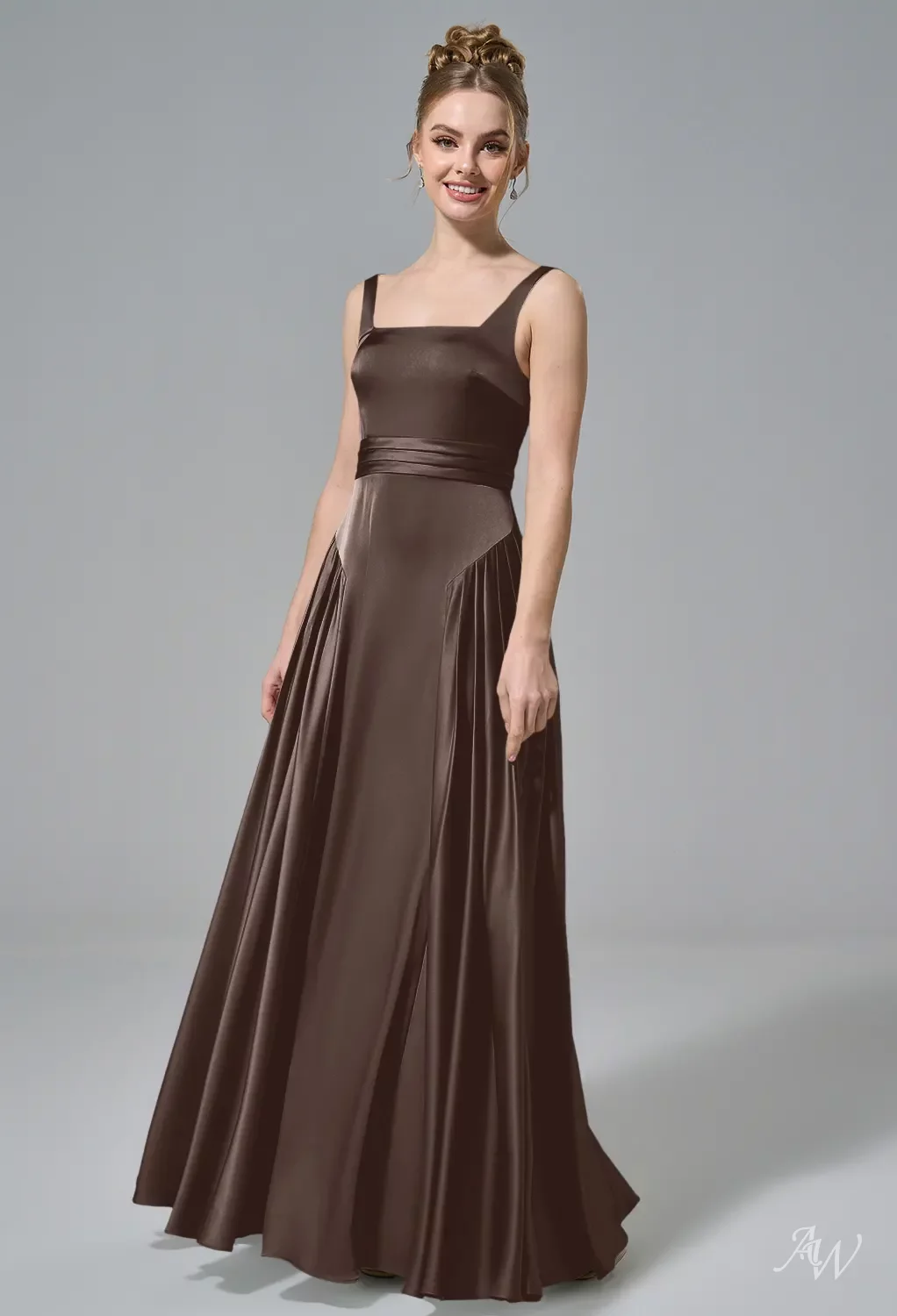 AW.Bridal A-line Square Neckline Floor Length Sleeveless Satin Long Bridesmaid Dresses Dress Seal Brown Size 18