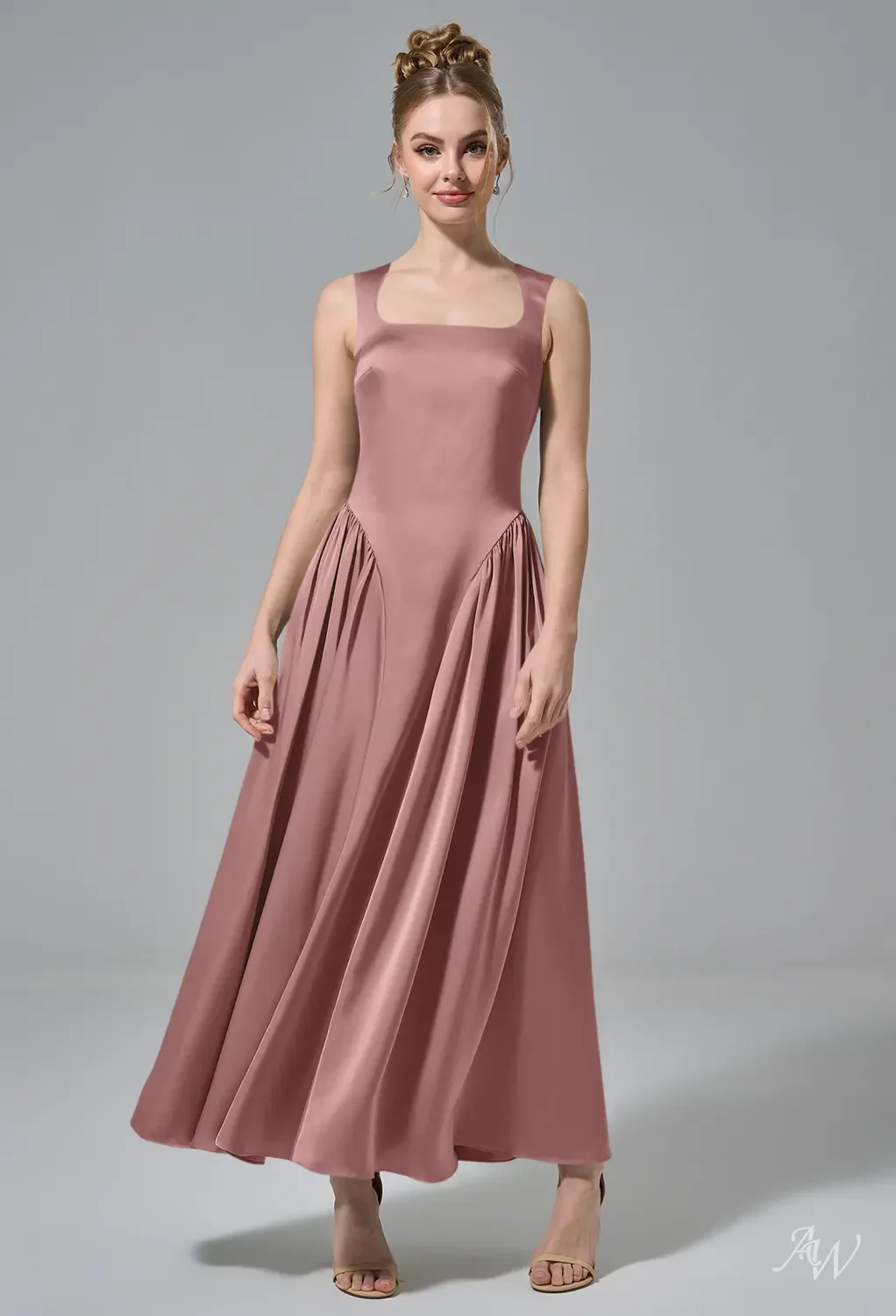 AW.Bridal A-line Scoop/U-Neck Tea Length Sleeveless Satin Drop Waist Wedding Guest Dresses Dress Muted Terracotta Size 8
