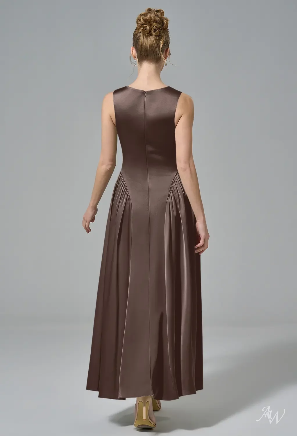 AW Ruby Dress, Champagne Crystal Satin Satin Charmeuse Stretch Satin Tea  Length Scoop/U-Neck Bridesmaid Dresses | AW.Bridal