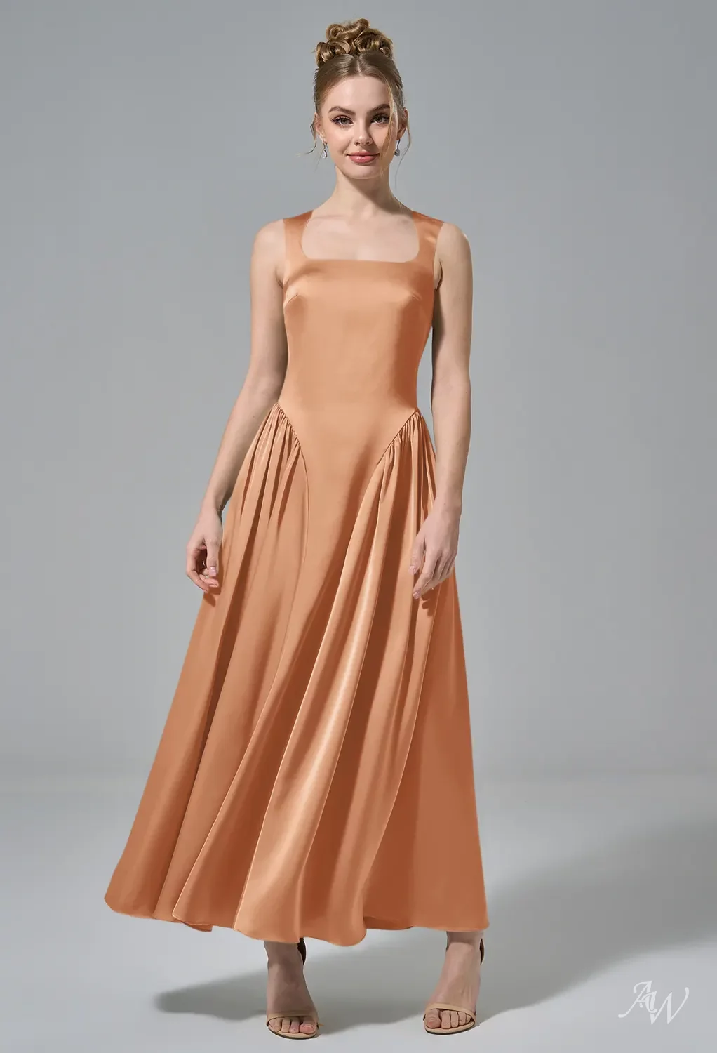 AW.Bridal A-line Scoop/U-Neck Tea Length Sleeveless Satin Drop Waist Long Bridesmaid Dresses Dress Sunset Size 16