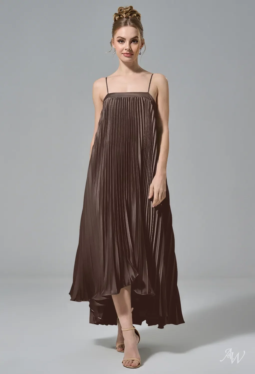AW.Bridal Bridesmaid Dresses Crystal Satin A-line Straight Neckline Tea Length Sleeveless Spaghetti Straps Pleat Dress Seal Brown Size 18