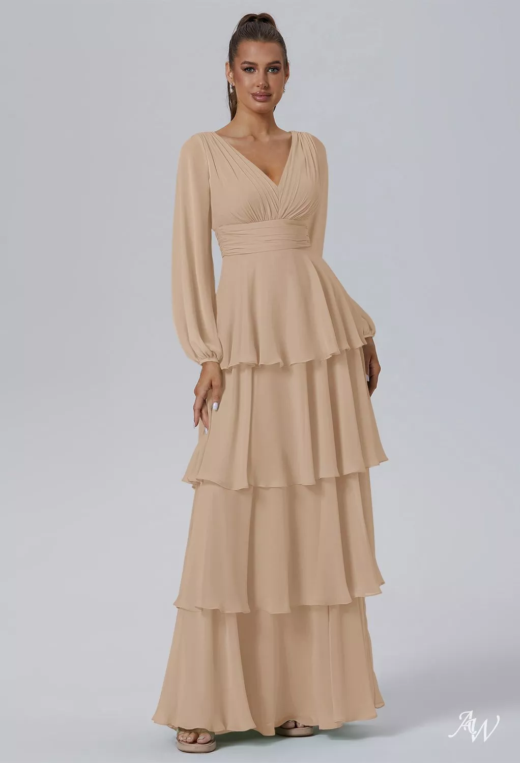AW.Bridal A-line V-Neck Floor Length Long Sleeves Puff Sleeves Ruffles Tiered Long Bridesmaid Dresses Dress Champagne Size 18