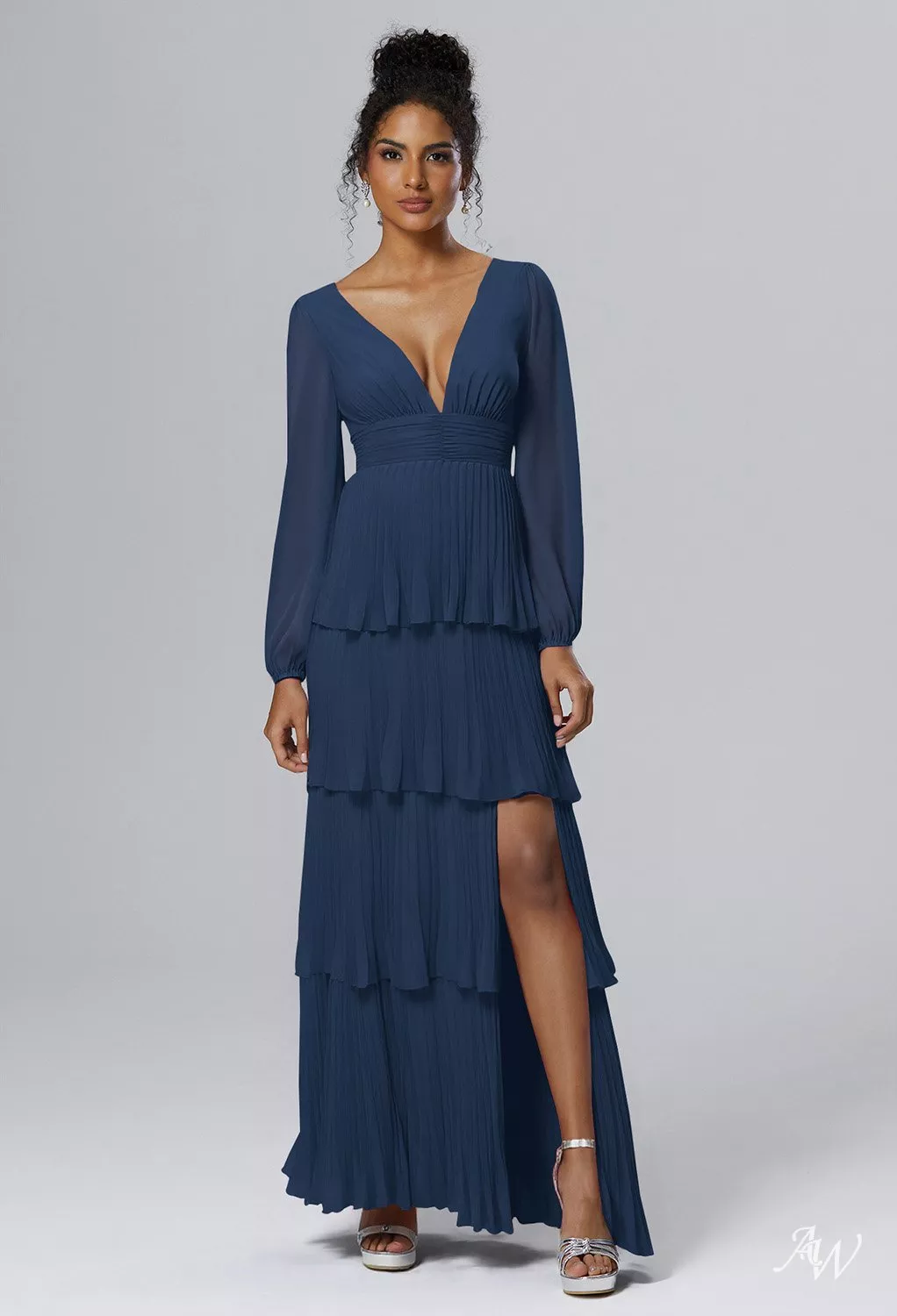 AW.Bridal A-line V-Neck Floor Length Long Sleeves Puff Sleeves Pleat Ruffles Split Tiered Wedding Guest Dresses Dress Navy Size 6