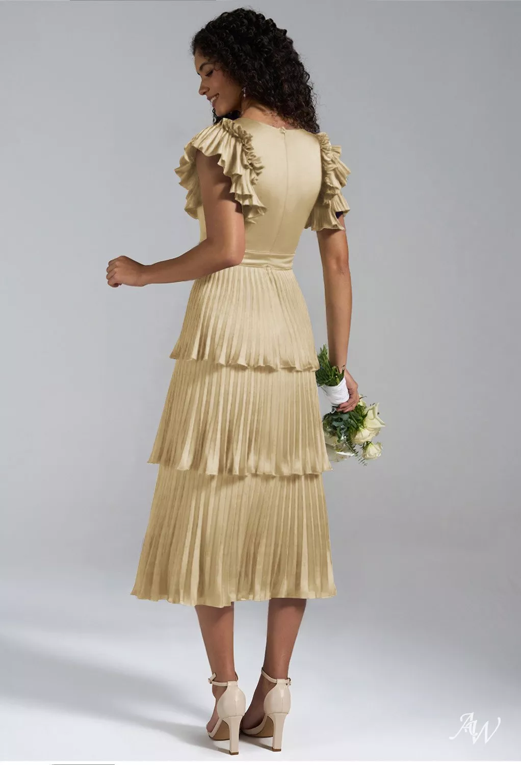 AW Leena Dress, Hunter Green Satin Charmeuse Tea Length V-Neck Wedding  Guest Dresses | AW.Bridal