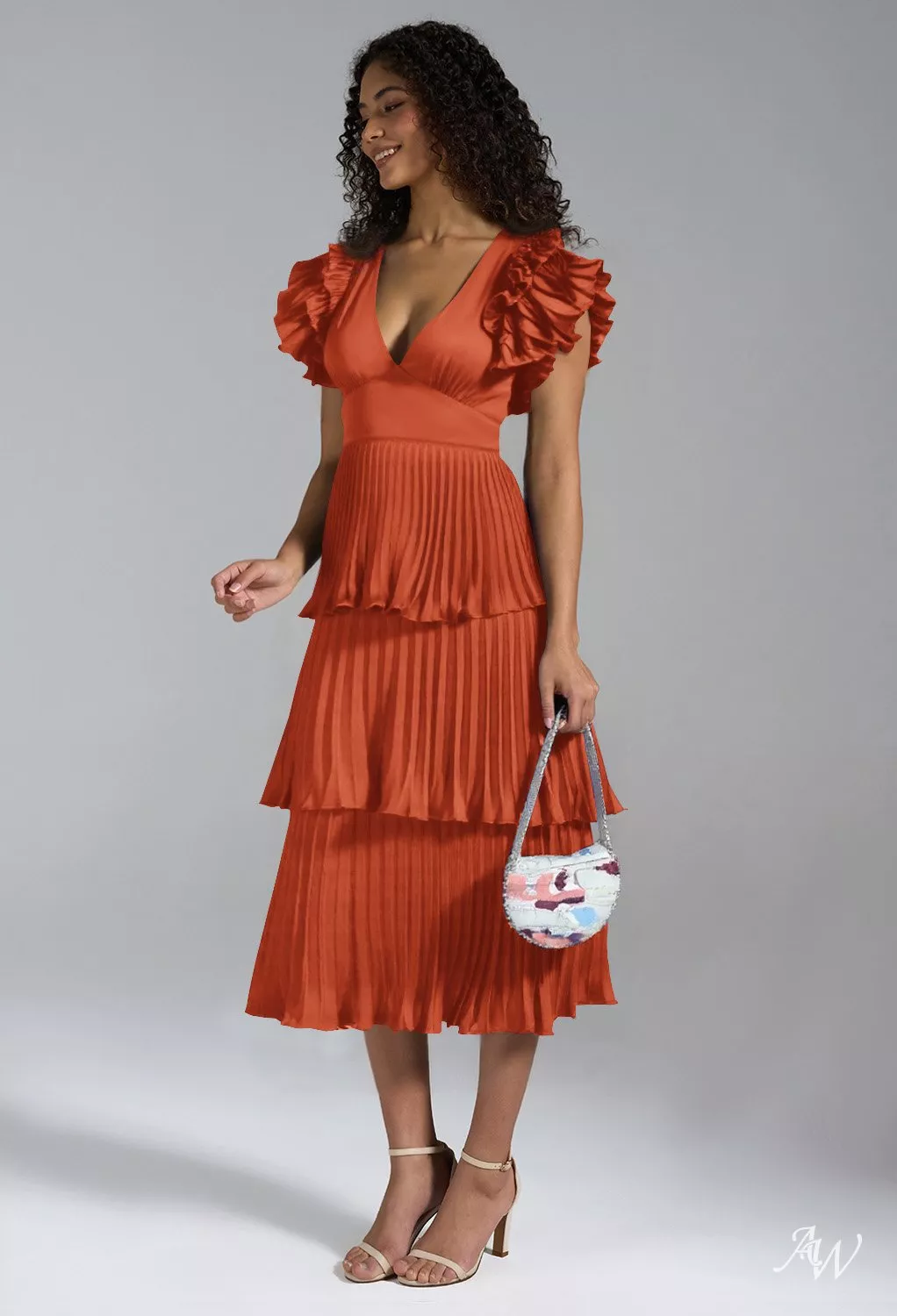 AW.Bridal A-Line V-Neck Tea Length Sleeveless Satin Pleat Ruffles Tiered Wedding Guest Dresses Dress Tangerine Size 16