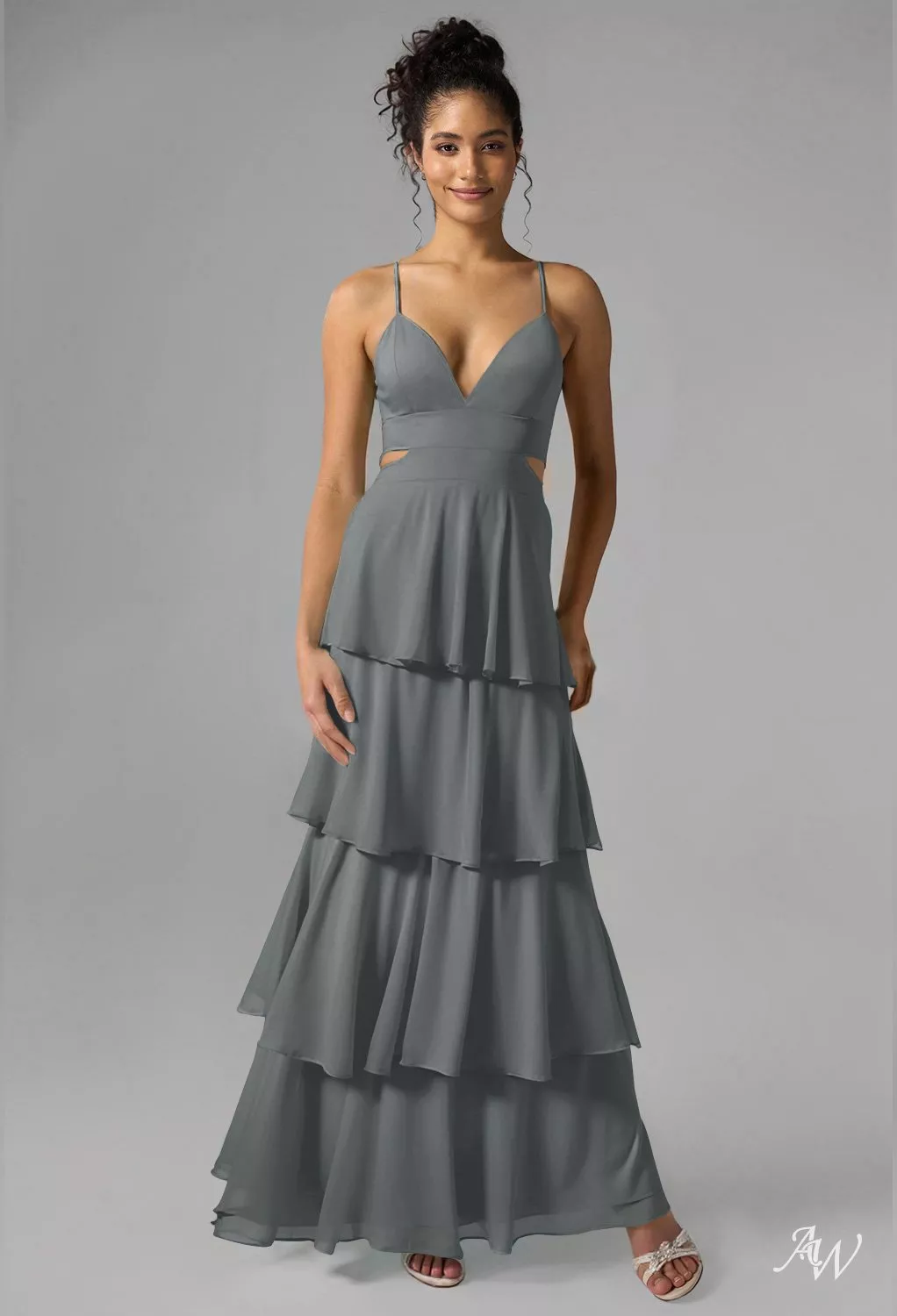 AW.Bridal A-line V-Neck Floor Length Sleeveless Spaghetti Straps Pleat Ruffles Tiered Long Bridesmaid Dresses Dress Steel Gray Size 16