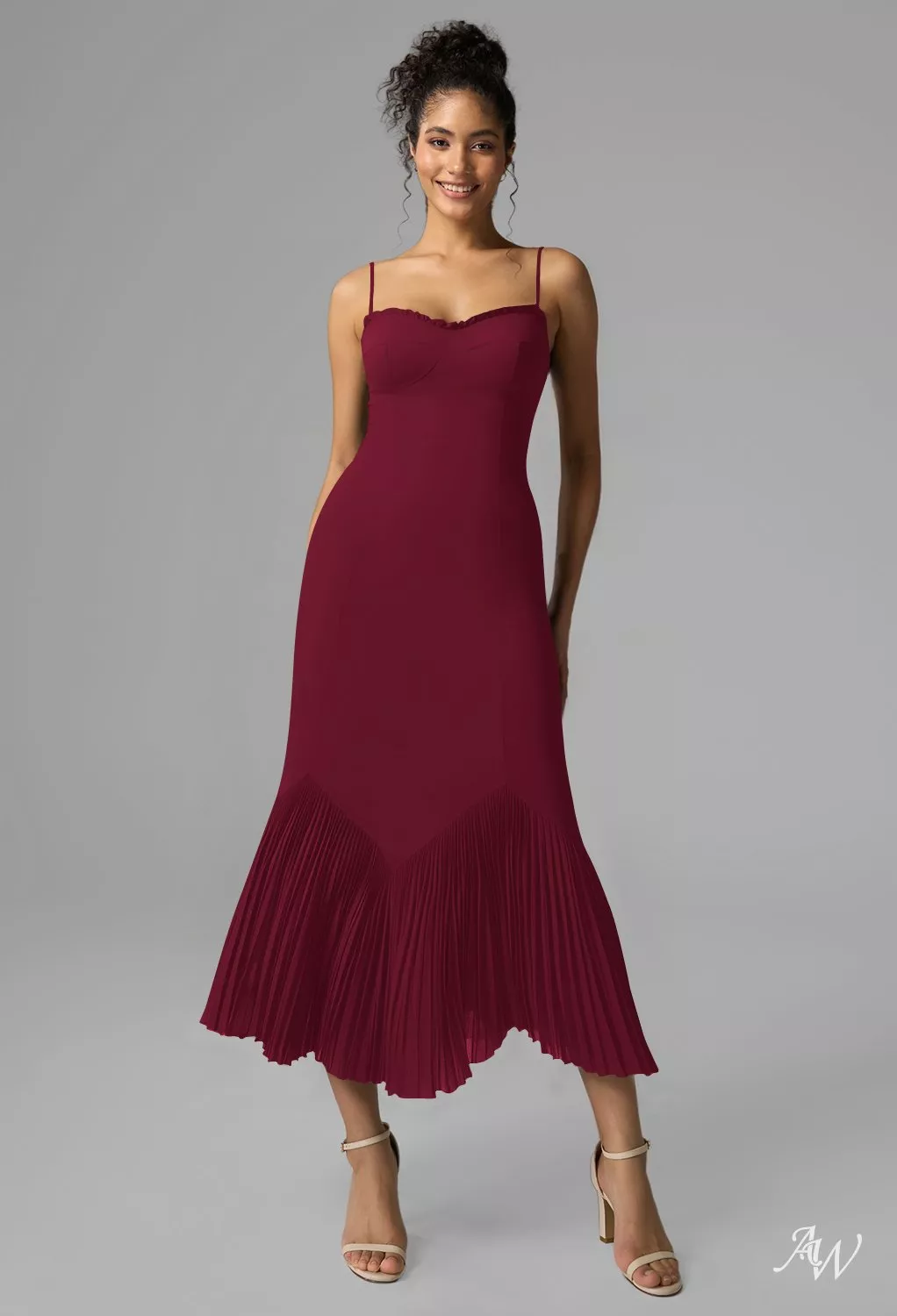 AW.Bridal Mermaid Sweetheart Neckline Tea Length Sleeveless Spaghetti Straps Pleat Wedding Guest Dresses Dress Burgundy Size 6