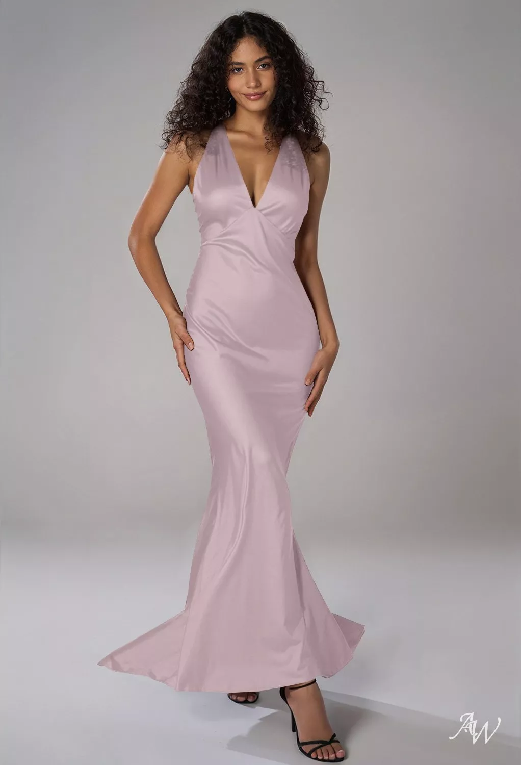 AW.Bridal Mermaid V-Neck Floor Length Sleeveless Satin Wedding Guest Dresses Dress Dusty Rose Size 16