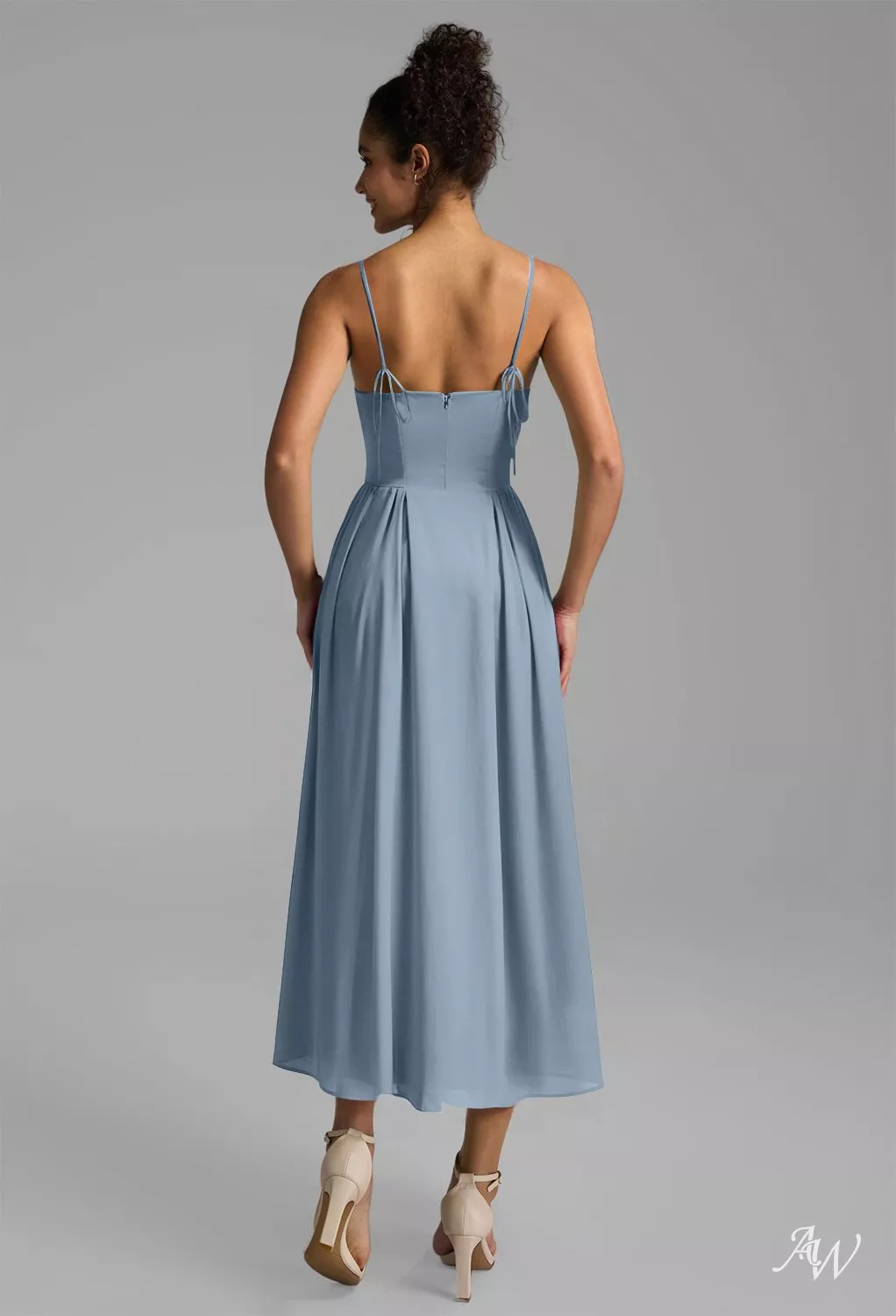 dusty blue tea length dress AW.Bridal A-line Cowl Neckline Tea Length Sleeveless Spaghetti Straps Chiffon Long Bridesmaid Dresses Dusty Blue Size 8