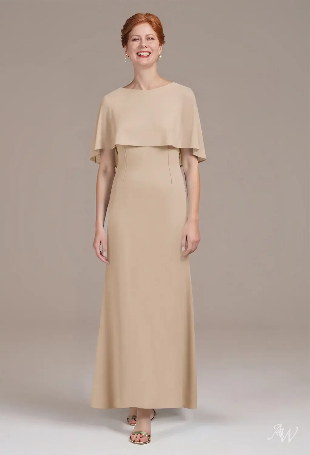AW.Bridal Mermaid Bateau Neckline Ankle Length Short Sleeves Mother of The Bride Dresses Dress Champagne Size 8