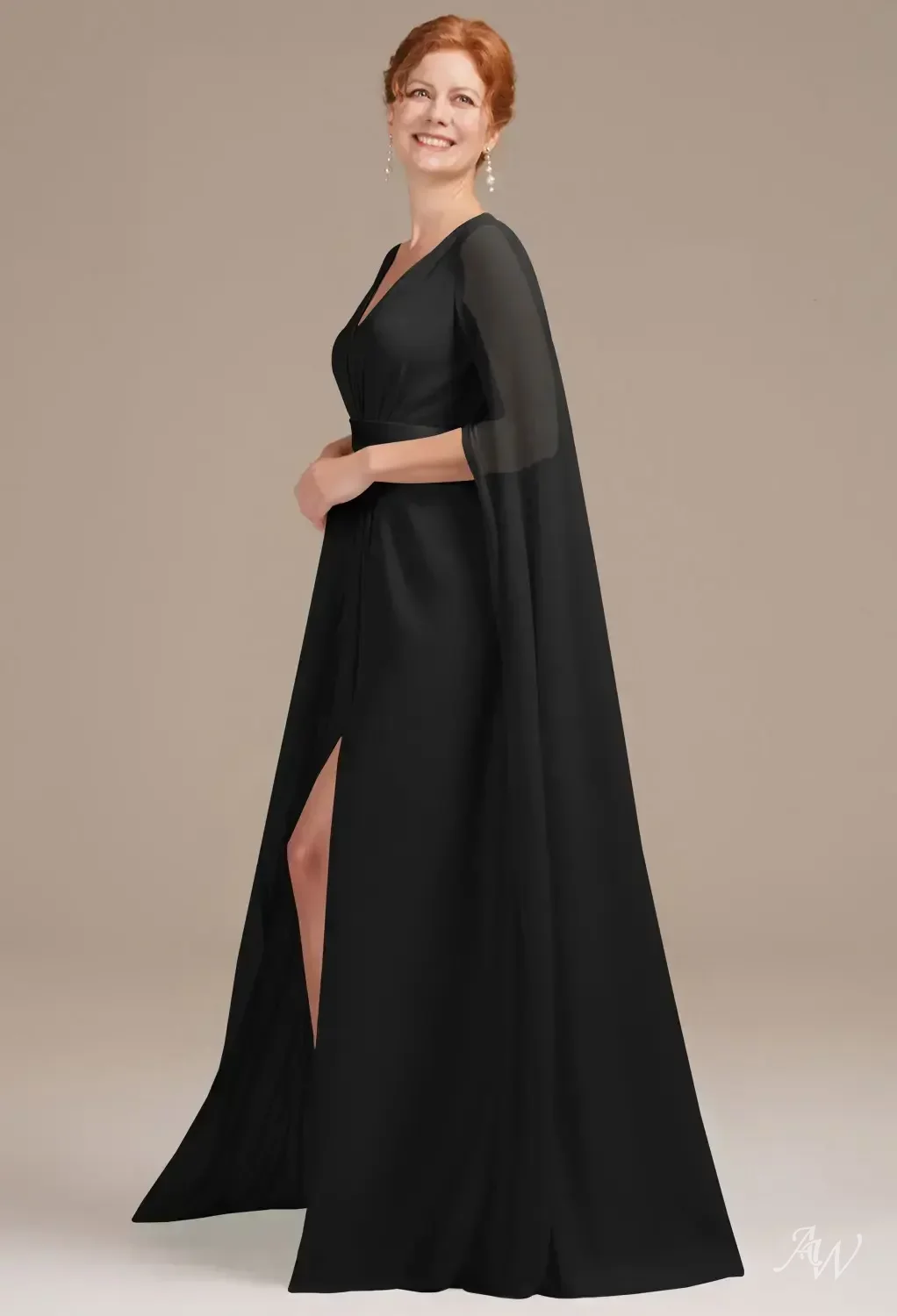 mother of the bride long black dresses V-Neck Black Mother of the Bride Dress with Long Lace Sleeves-Bridelily
