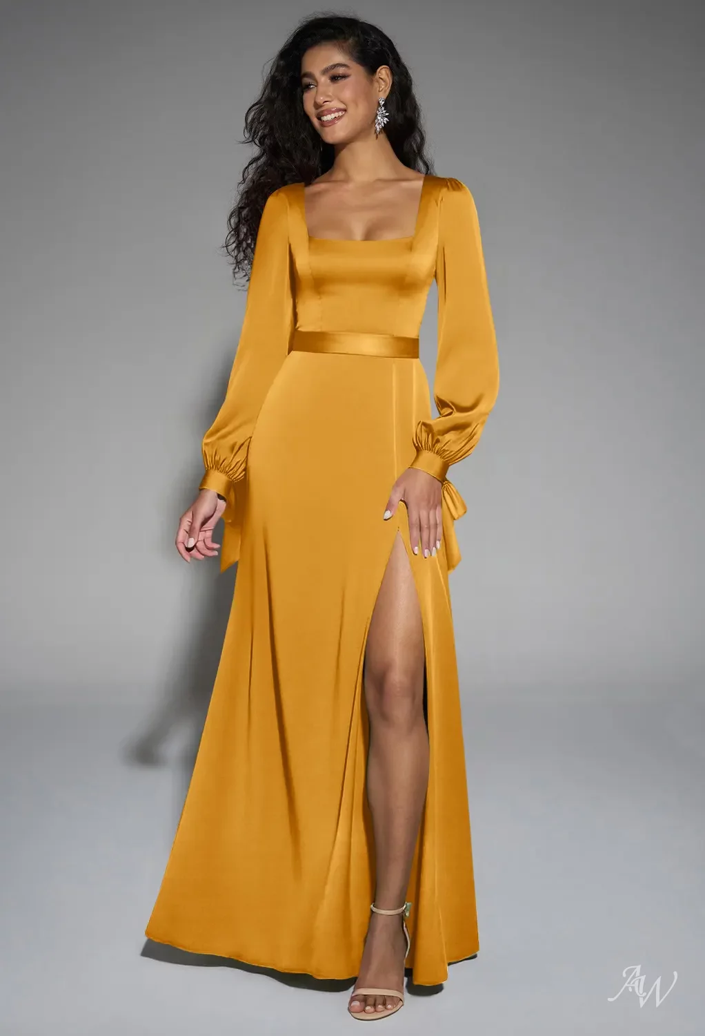 AW.Bridal A-Line Square Neckline Floor Length Long Sleeves Puff Sleeves Satin Split Long Bridesmaid Dresses Mango Size 8