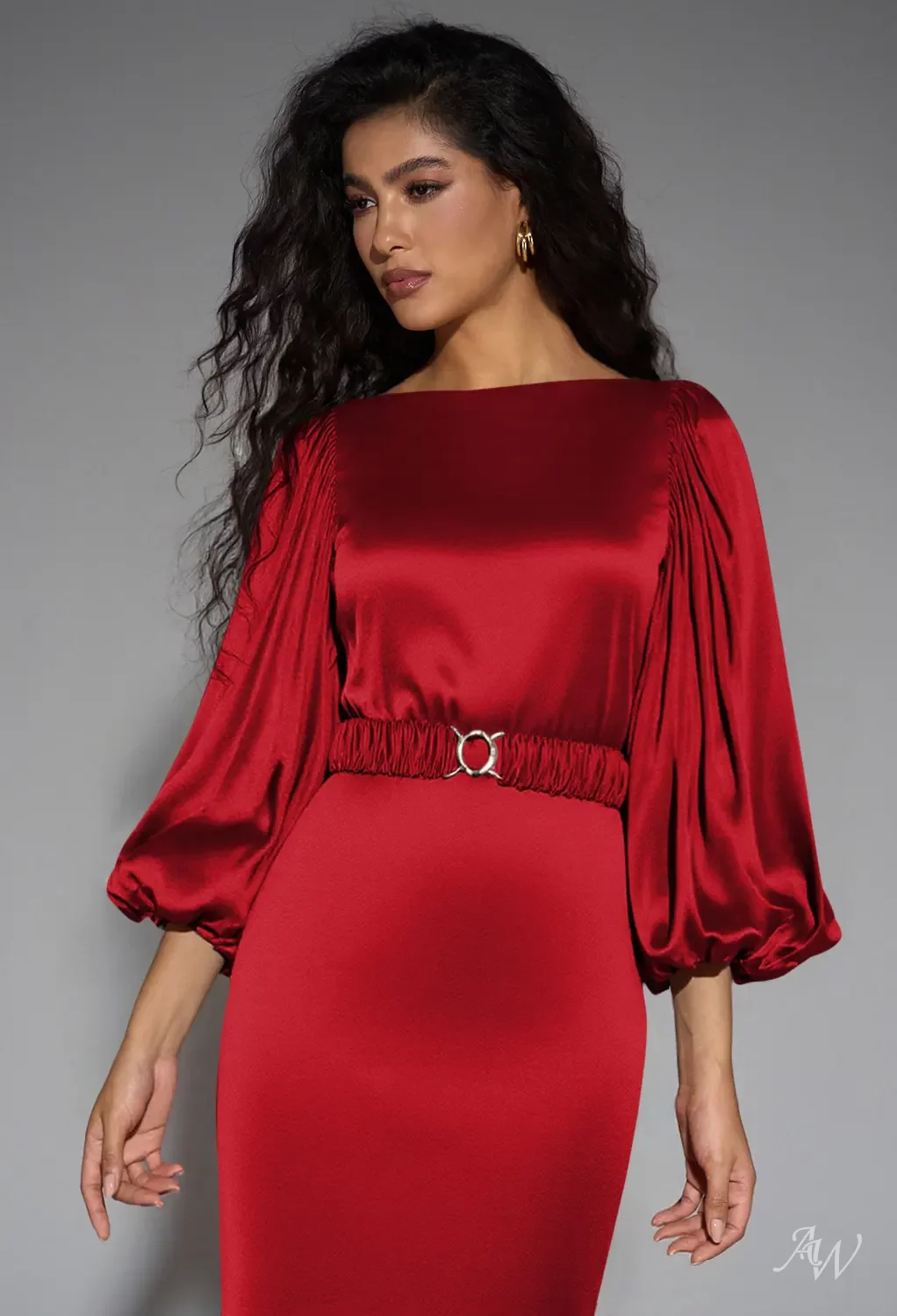 AW.Bridal Mermaid Bateau Neckline Tea Length Puff Sleeves Satin Long Bridesmaid Dresses Dress Tango Red Size 18
