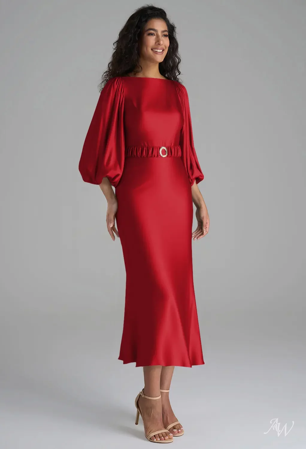 AW.Bridal Mermaid Bateau Neckline Tea Length Puff Sleeves Satin Long Bridesmaid Dresses Dress Tango Red Size 6