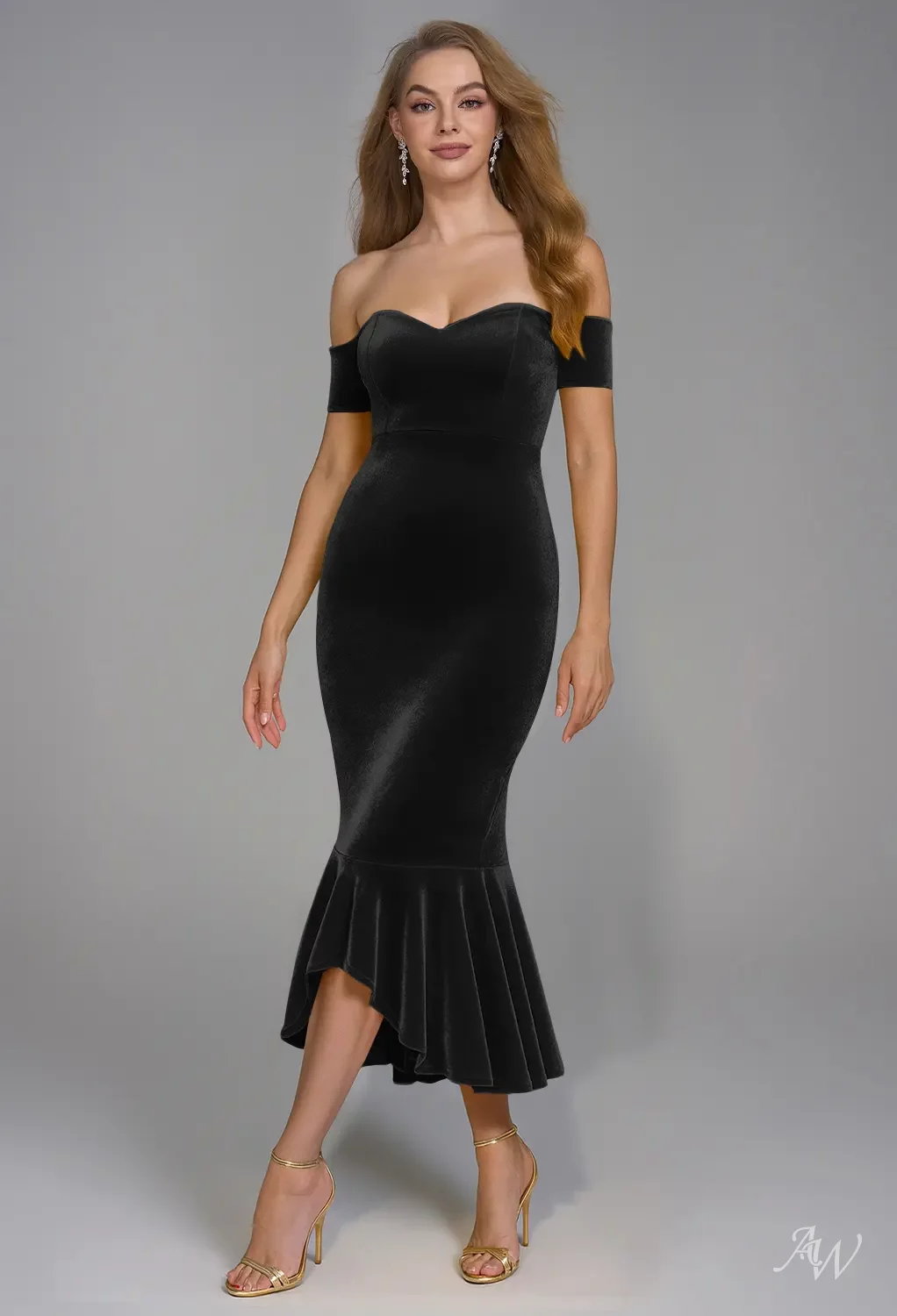AW.Bridal Mermaid Sweetheart Neckline Floor Length Off the Shoulder Wedding Guest Dresses Dress Black Size 4
