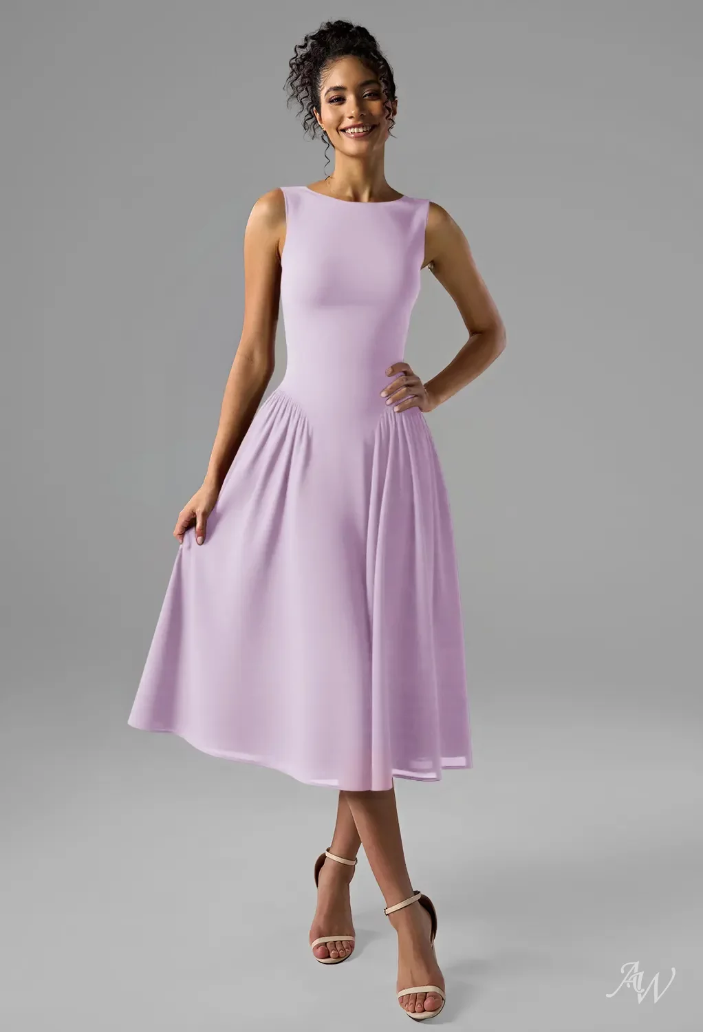 AW.Bridal A-line Bateau Neckline Knee Length Sleeveless Chiffon Drop Waist Short Bridesmaid Dresses Lilac Size 8