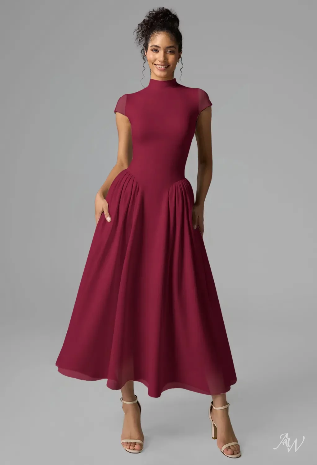 red tea length bridesmaid dresses A-Line Tea Length Chiffon Blue Plus Size Bridesmaid Dresses COCOMELODYCB0555PS, Fiery Red
