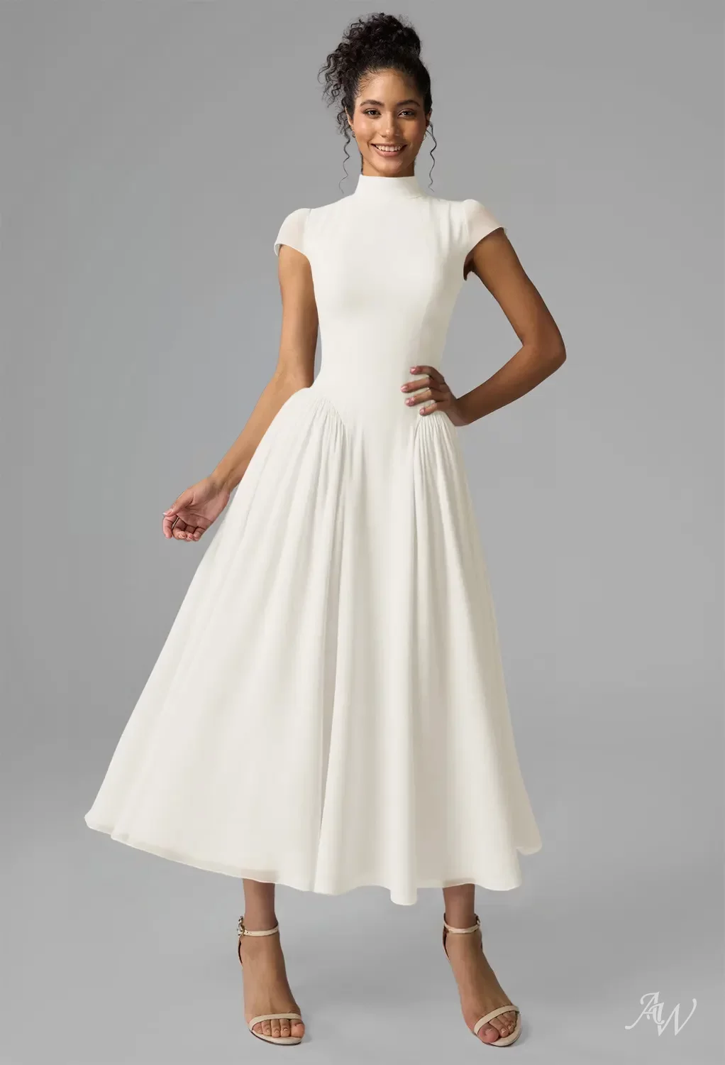 AW.Bridal A-line Turtleneck Tea Length Short Sleeves Chiffon Drop Waist Short Bridesmaid Dresses Ivory Size 18