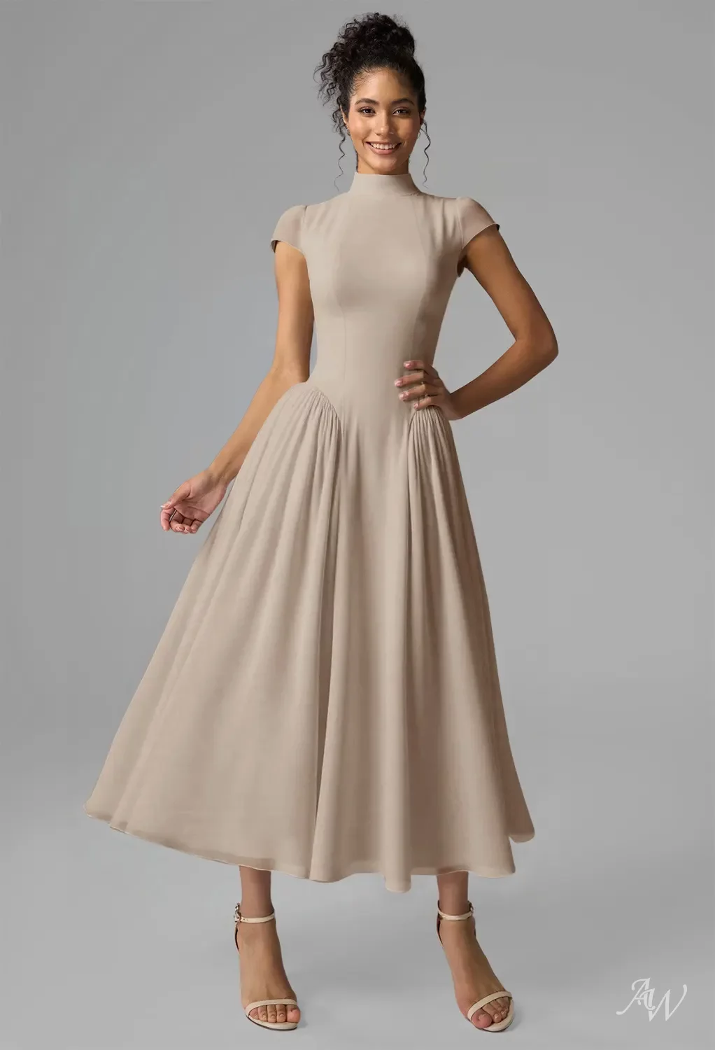 AW.Bridal A-line Turtleneck Tea Length Short Sleeves Chiffon Drop Waist Short Bridesmaid Dresses Taupe Size 8