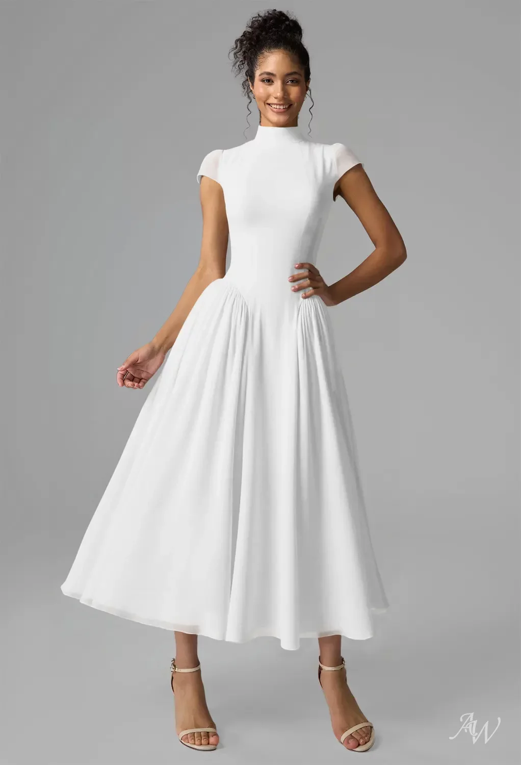 white tea length bridesmaid dresses A-Line Satin Tea Length Little White Dress COCOMELODY CW3379, 20 Days / Ivory / US6-UK8-EUR36 main image 0