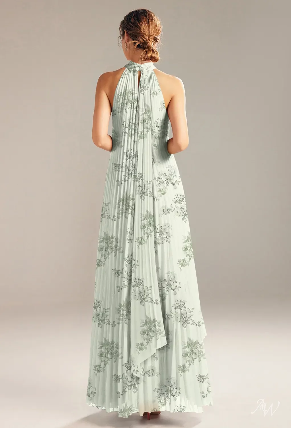 AW.Bridal A-Line Turtleneck Floor Length Sleeveless Pleat Floral Bridesmaid Dresses Floral Dress Pistachio Green Penoy Size 4