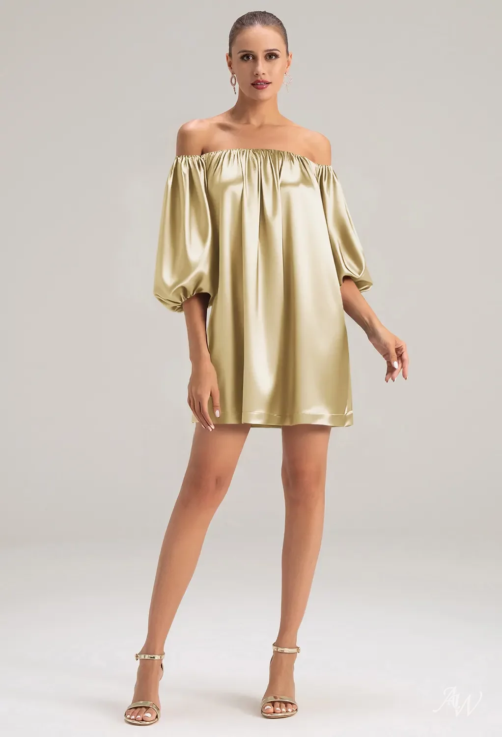 AW Andrea Dress, Fennel Seed Crystal Satin Mini/Short Straight Neckline  Wedding Guest Dresses | AW.Bridal