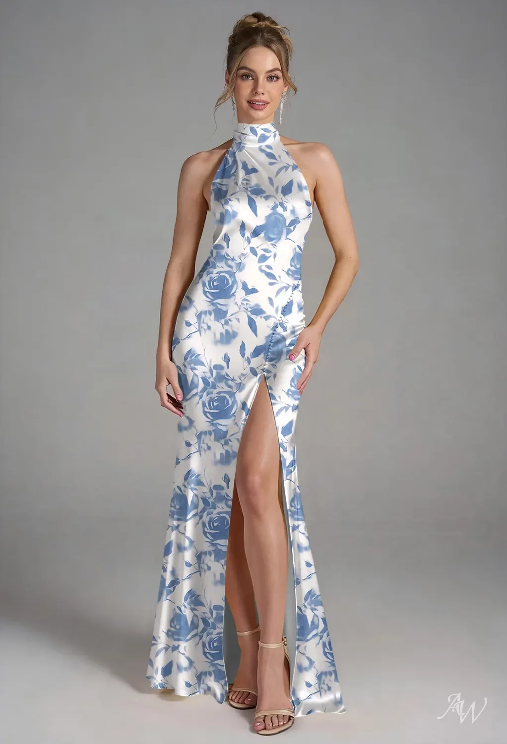 AW.Bridal Mermaid Halter Neckline Floor Length Sleeveless Backless Split Floral Bridesmaid Dresses Floral Dress Oceanic Fantasy Rose Size 18