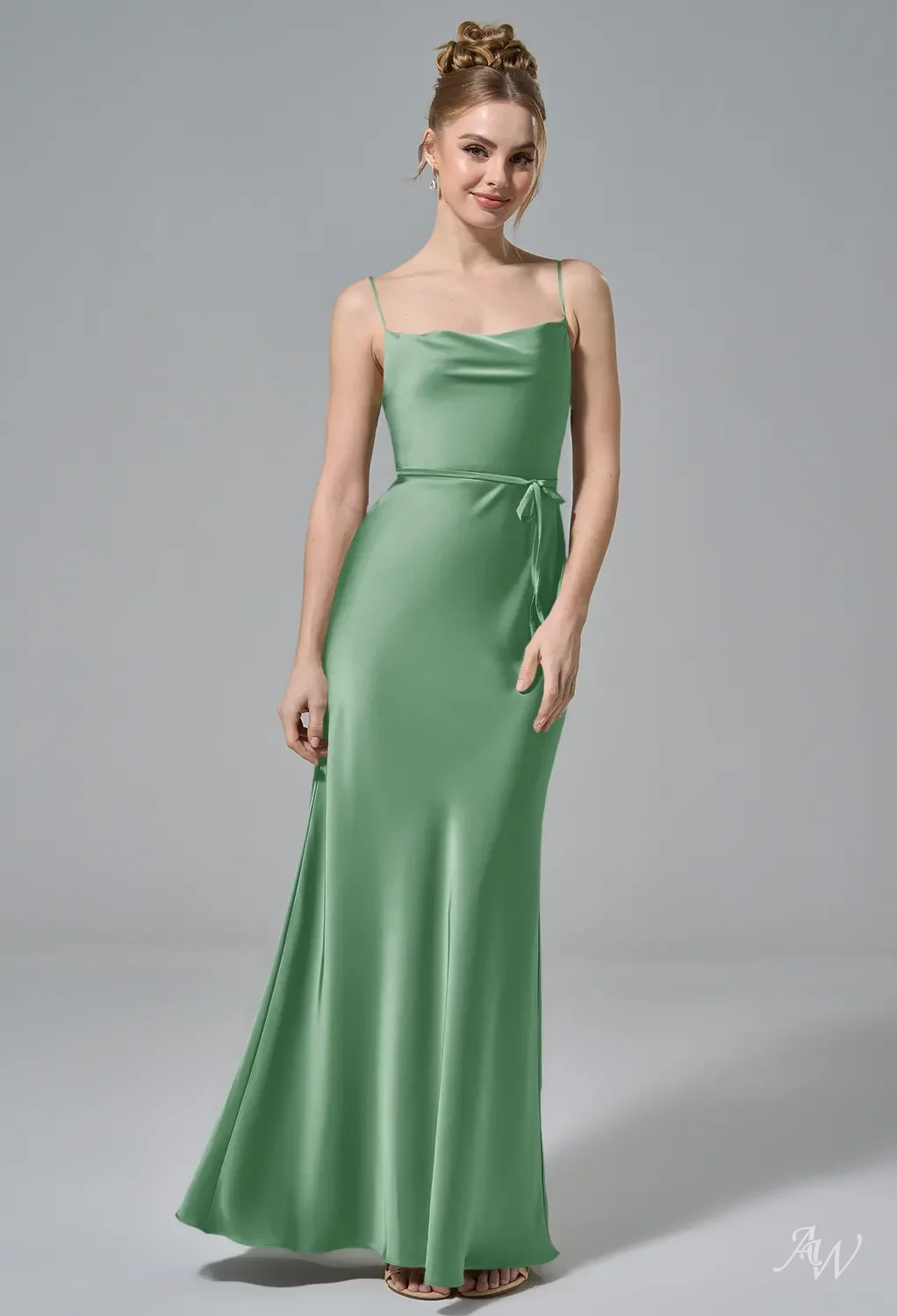 AW.Bridal Column Cowl Neckline Floor Length Sleeveless Spaghetti Straps Satin Long Bridesmaid Dresses Dress Mineral Green Size 16