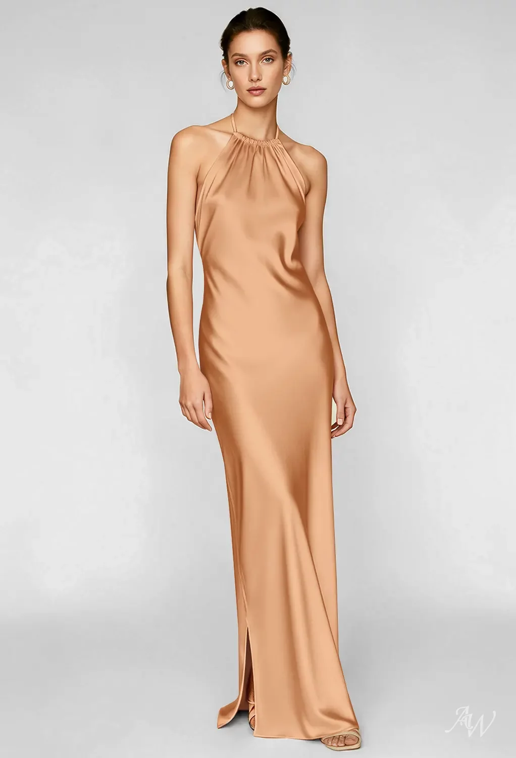AW.Bridal Column Halter Neckline Floor Length Sleeveless Satin Backless Long Bridesmaid Dresses Dress Pale Peach Size 18