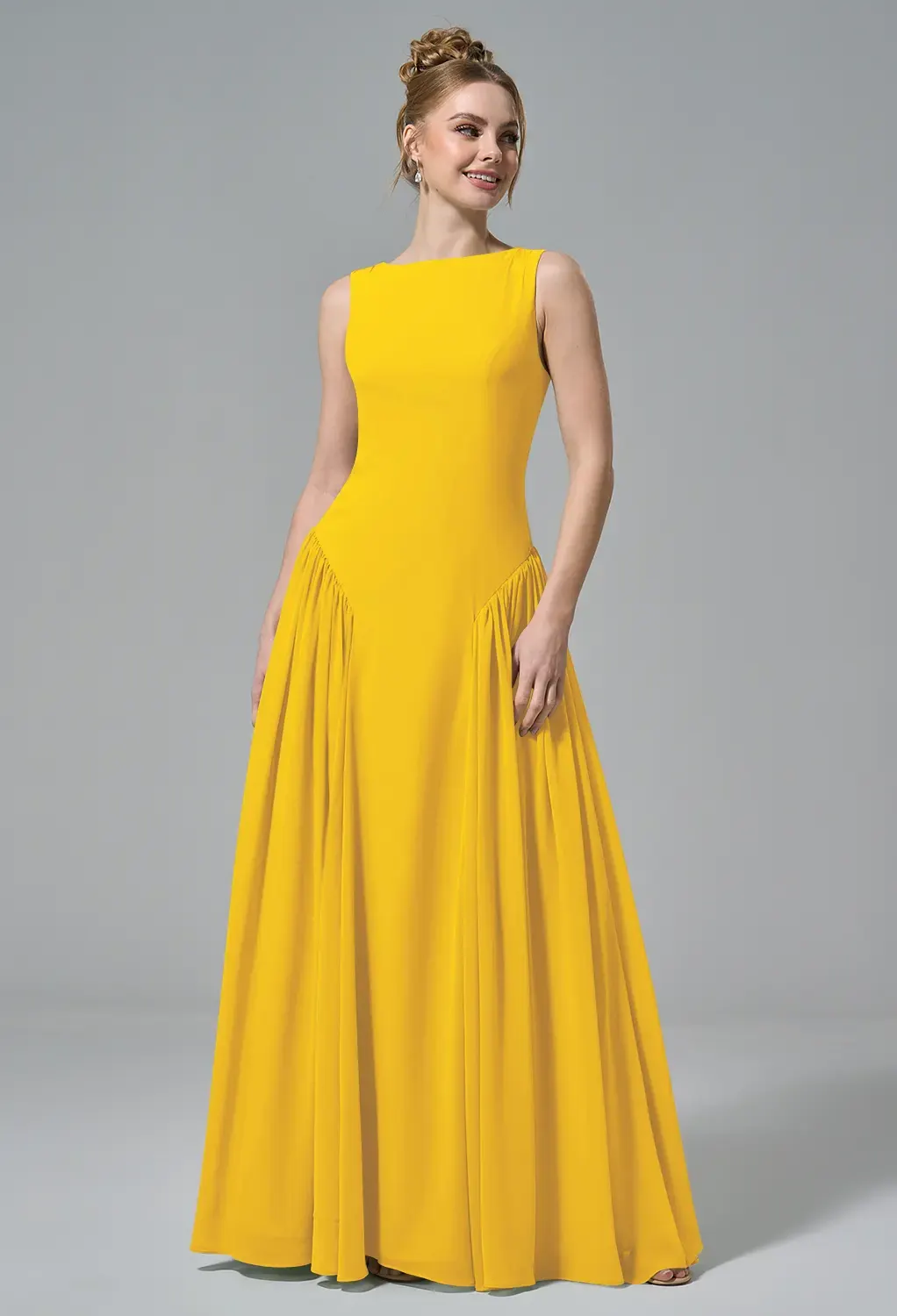 mustard homecoming dress AW.Bridal A-line Bateau Neckline Floor Length Sleeveless Drop Waist Wedding Guest Dresses Yellow Size 6 mustard yellow dress