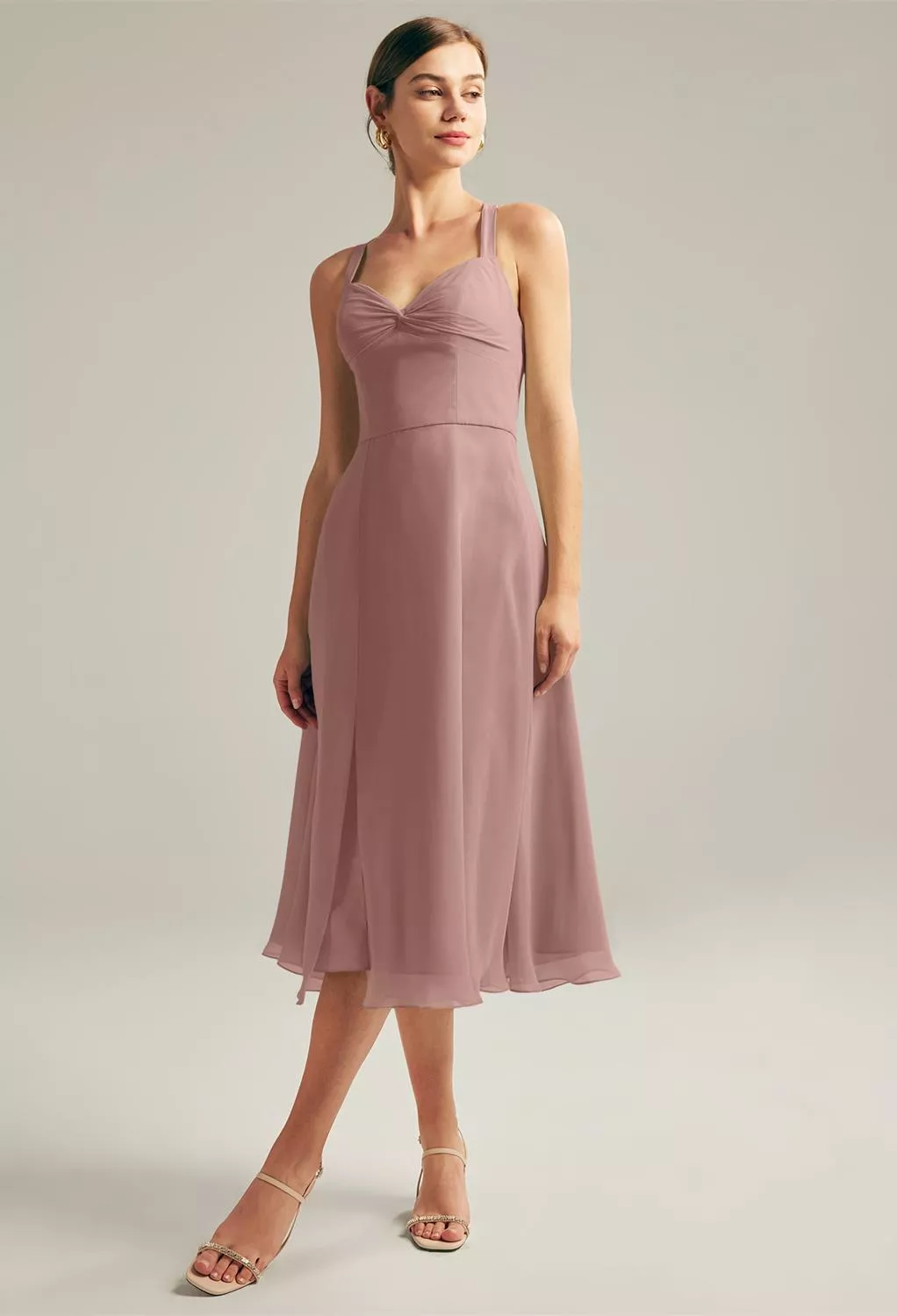 AW.Bridal A-line Sweetheart Neckline Tea Length Sleeveless Spaghetti Straps Crisscross Back Short Bridesmaid Dresses Dress Dusty Rose Size 8