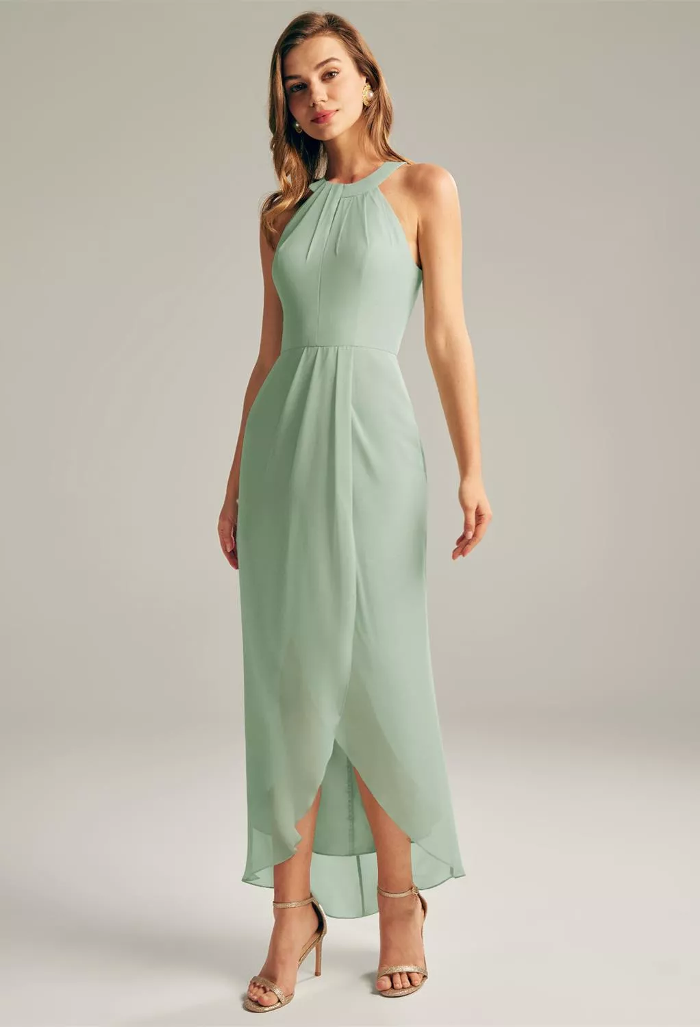green dress for beach wedding AW.Bridal Column Halter Neckline Hi Lo Sleeveless Pleat Guest Dresses Sage Size 18 Stripe Quantity:11 Stripe JOAH BROWN Cowl Back atomic Sage green maxi dress Product Details Chiffon Sheath/Column
