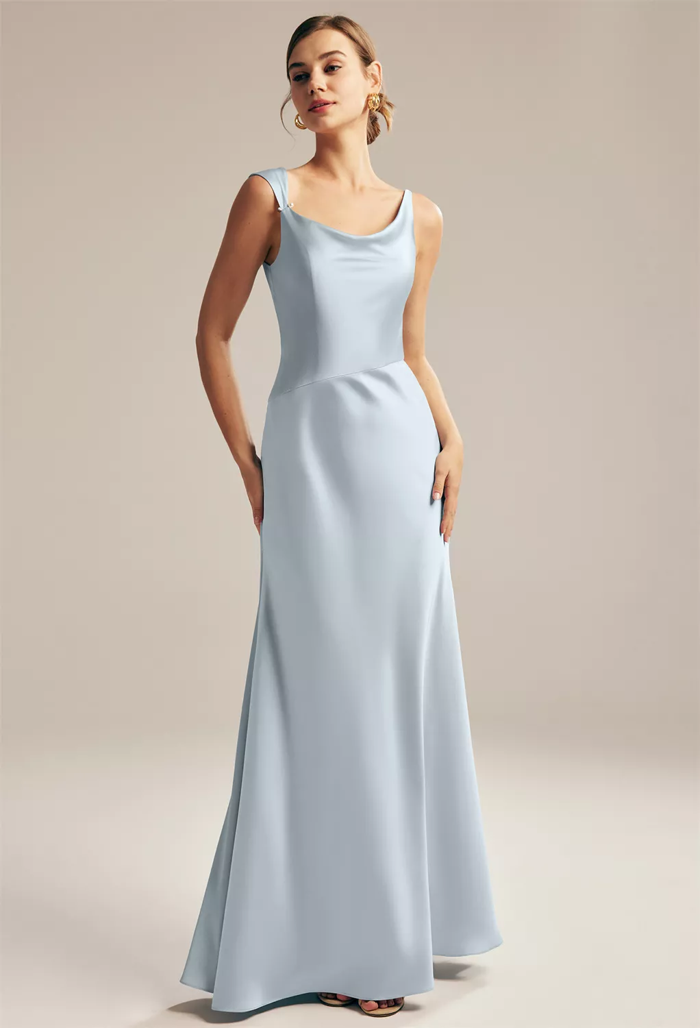 pearl blue bridesmaid dresses Light Blue Chiffon A-line V-neck Long Bridesmaid Dresses With Slit, MBD206