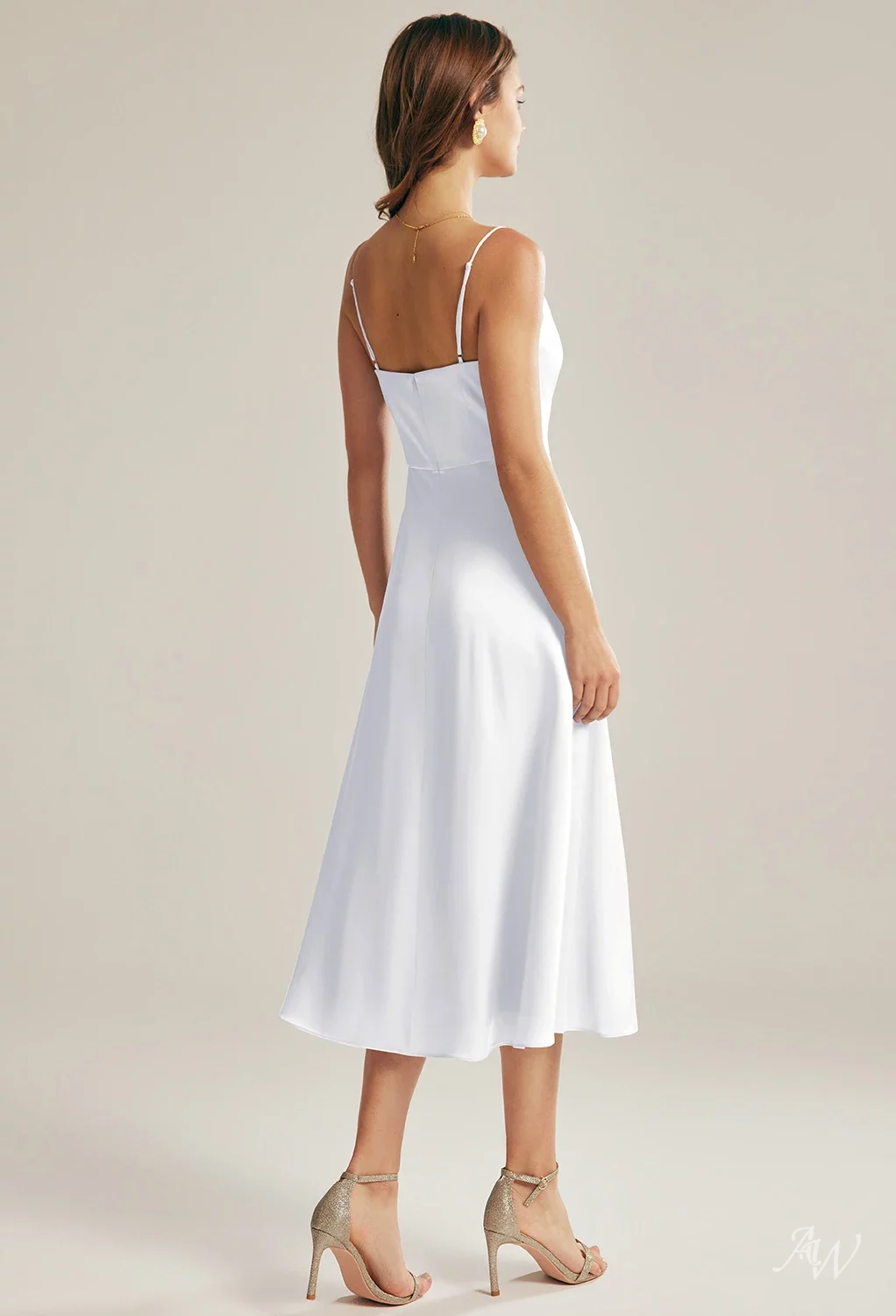 AW Renee Dress, Sage Green Satin Charmeuse Tea Length Cowl Neckline  Bridesmaid Dresses