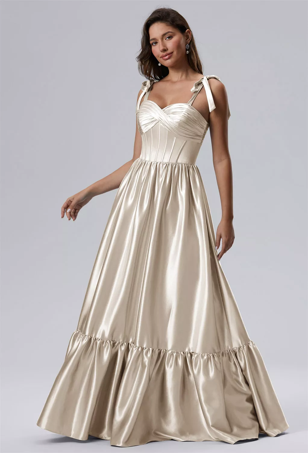 sachin and babi light blue dress Champagne Scoop Lace Long Prom Dress, A-Line Champagne Evening Dress main image 1