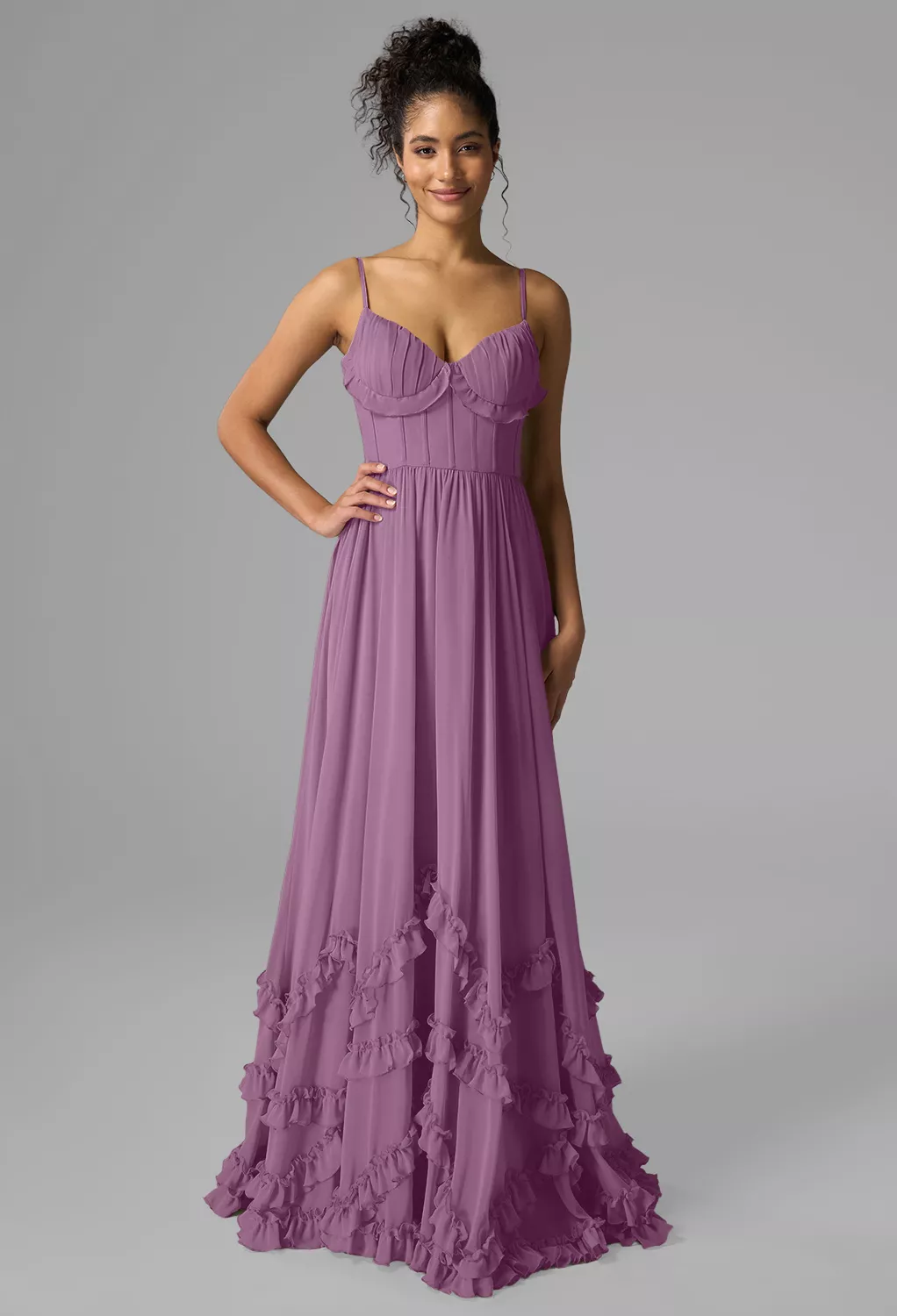 orchid color prom dress Orchid color Fitted satin Gown  Tabu Knits Boutique