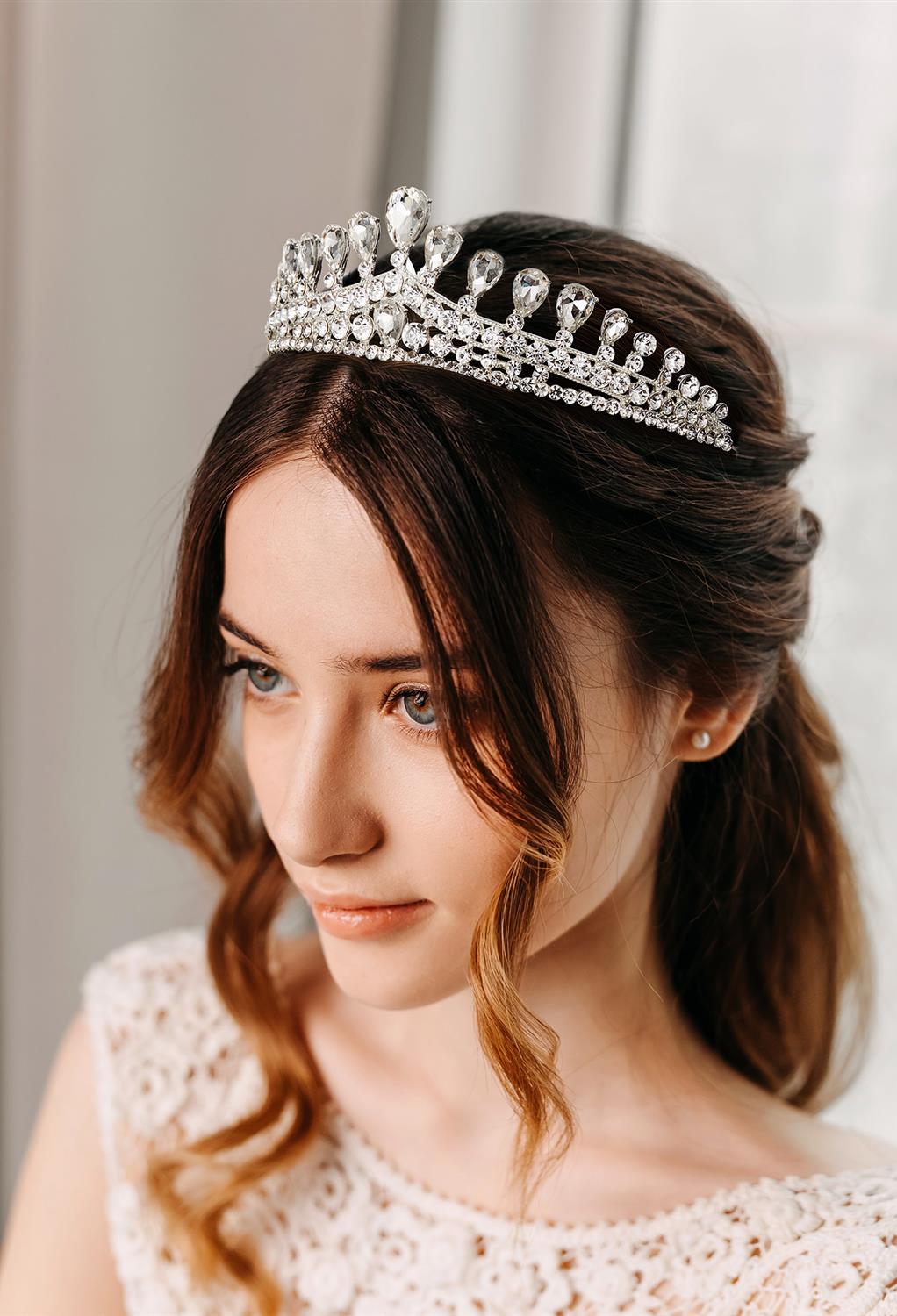 Crown Tiara Princess Headband Stylish Rhinestone with Pin for Wedding DT 