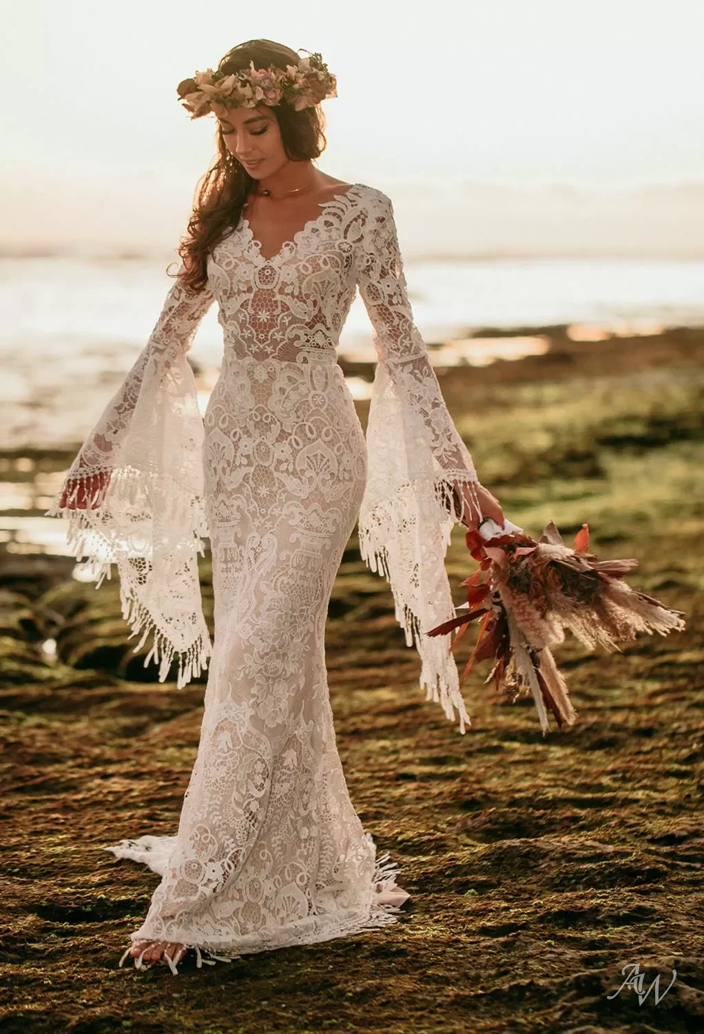 chinese dress ladies Simple V Neck Open Back Long Sleeves Lace Beach Wedding Dress WD474 US0 / White