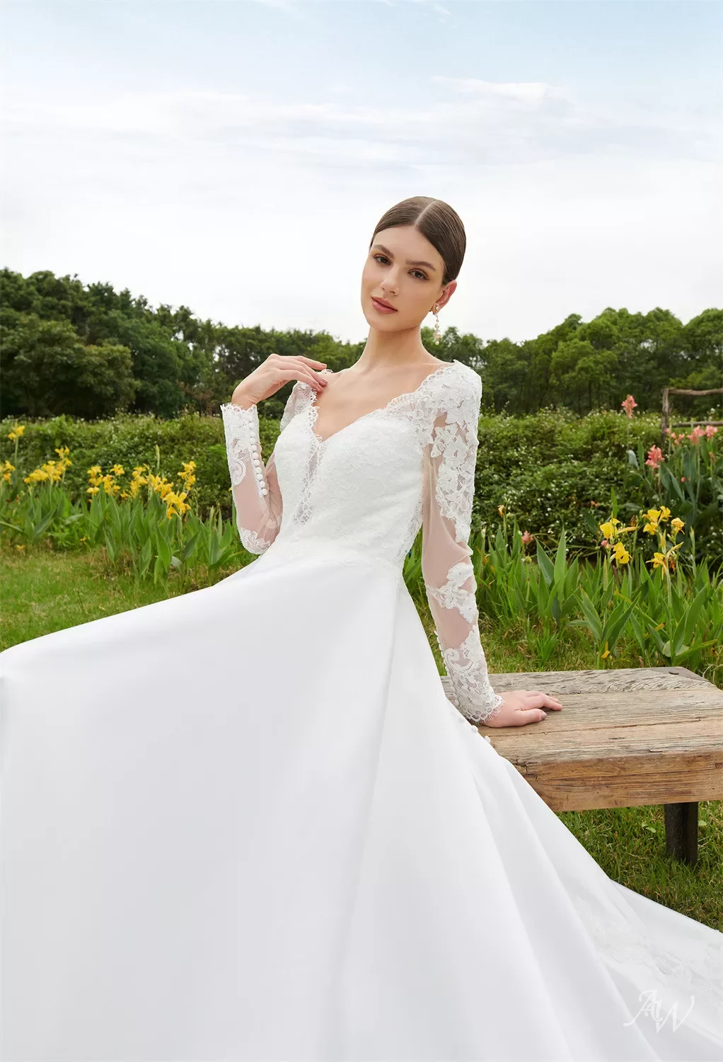 giva backless satin dress Modest Long Sleeve Satin Wedding Dress With Sweep Train, Diamond White / 10 main image 0