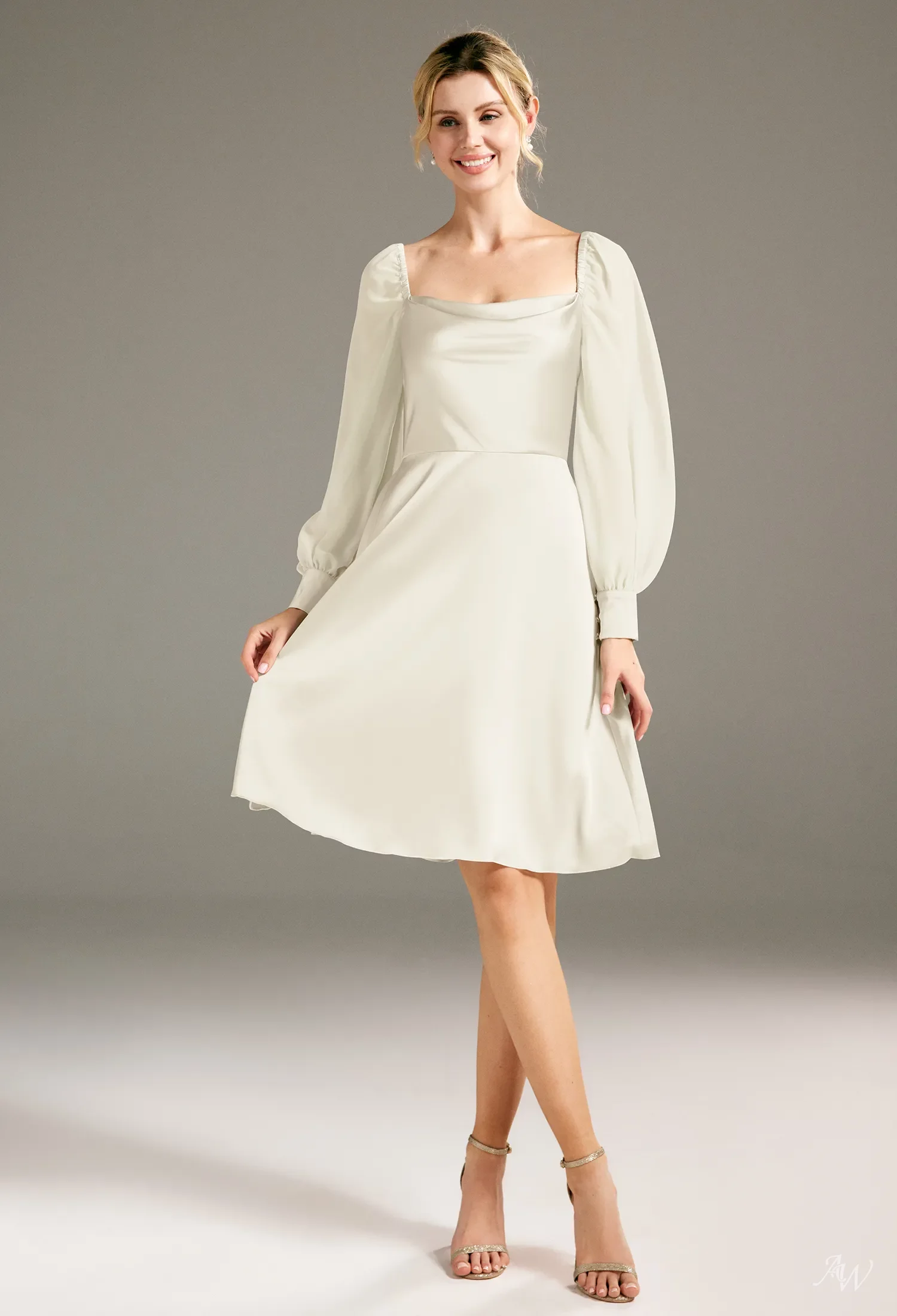 white knee length bridesmaid dresses AW Jules Dress, Champagne Chiffon Satin Charmeuse Square Neckline turtle neck dresses