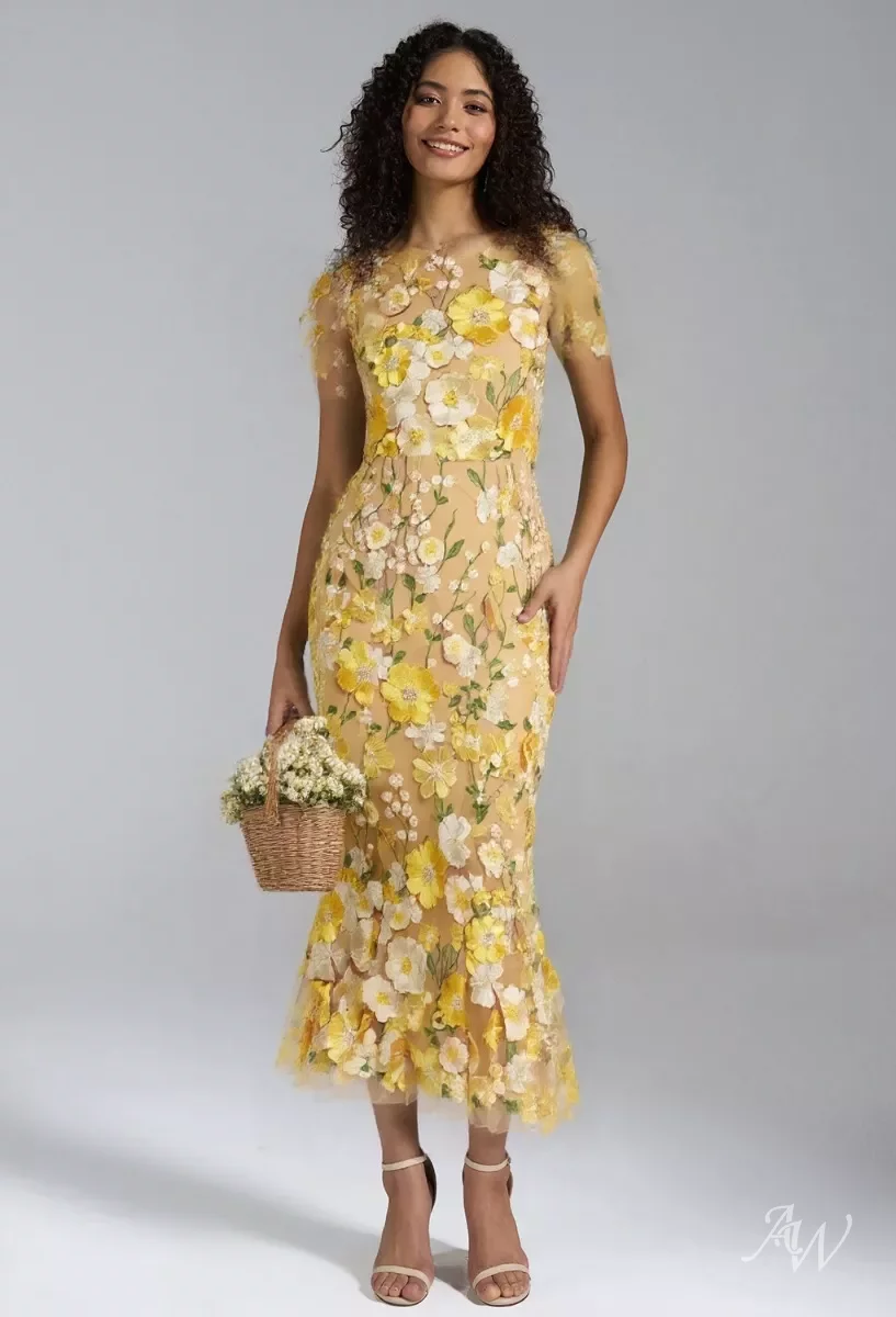 AW Riley Dress, Blazing Yellow Tulle Tea Length Bateau Neckline Wedding Guest Dresses | AW.Bridal AW Riley Dress, Blazing Yellow Tulle Tea Length Bateau Neckline Wedding Guest Dresses | AW.Bridal