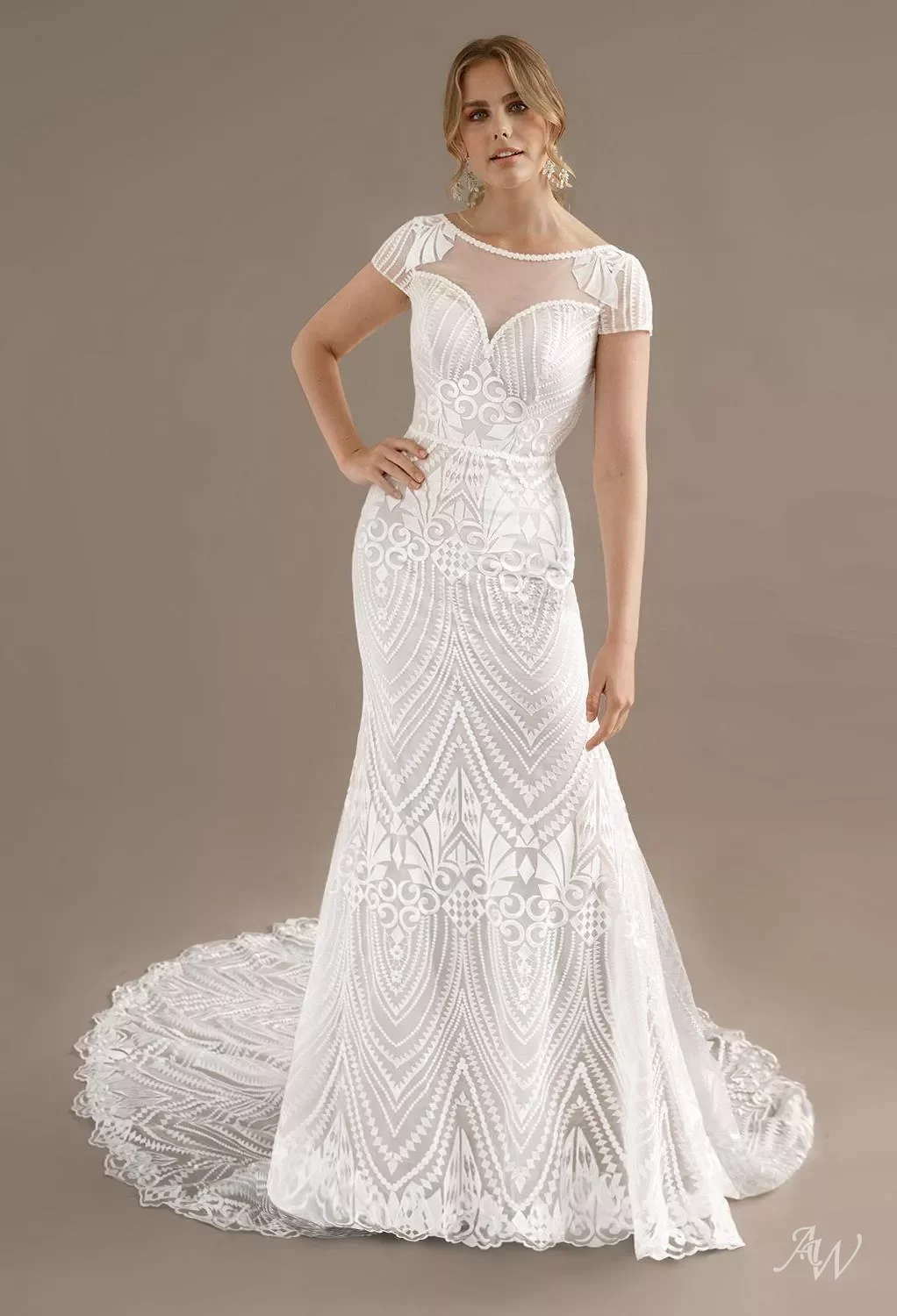 short sleeve beaded wedding dress Dusty Rose Beaded Lace Sheath Bridal Gown Light Ivory main image 1