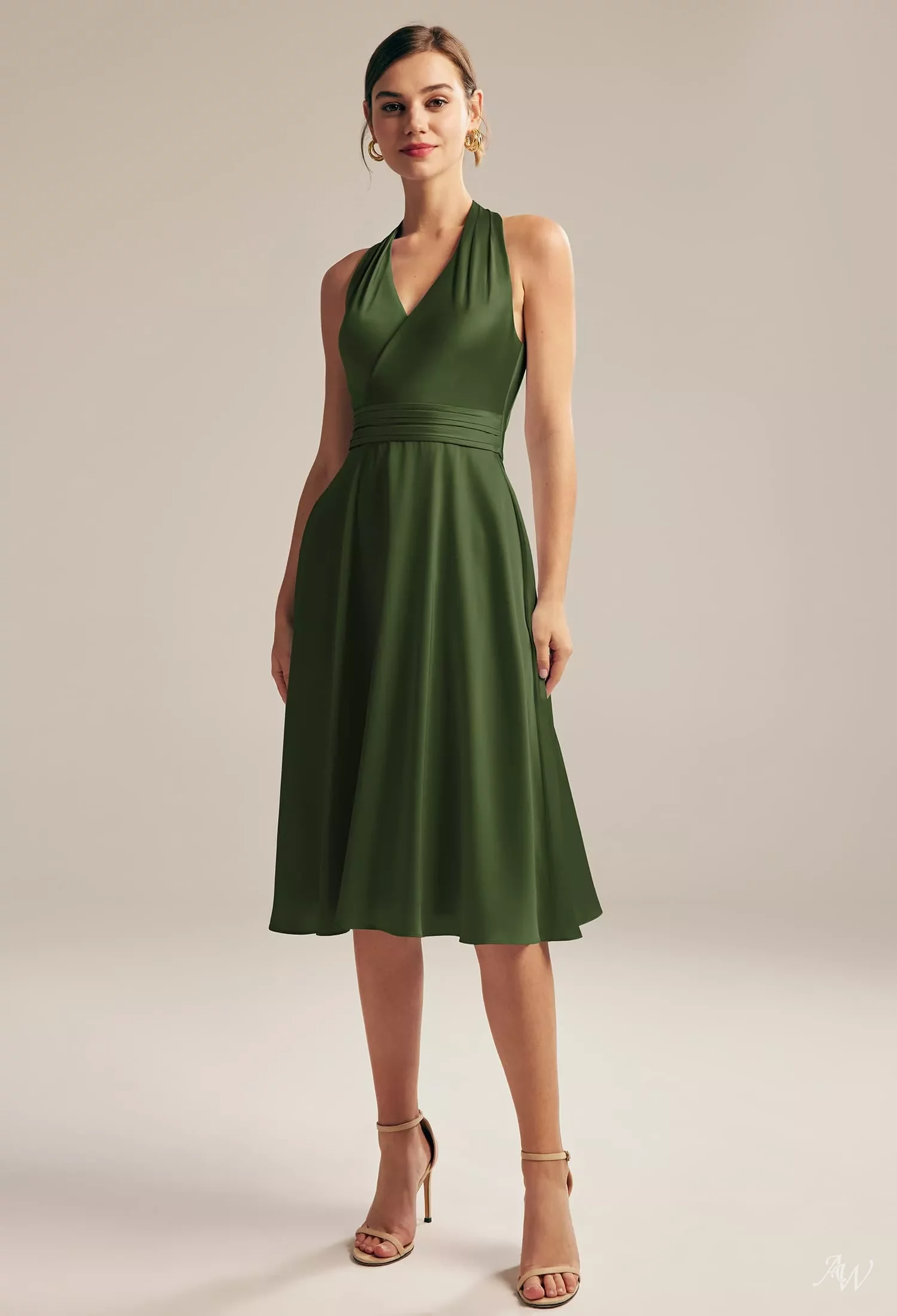 AW Mercy Dress, Taupe Satin Charmeuse Knee Length Halter Neckline Bridesmaid Dresses | AW.Bridal AW Mercy Dress, Taupe Satin Charmeuse Knee Length Halter Neckline Bridesmaid Dresses | AW.Bridal