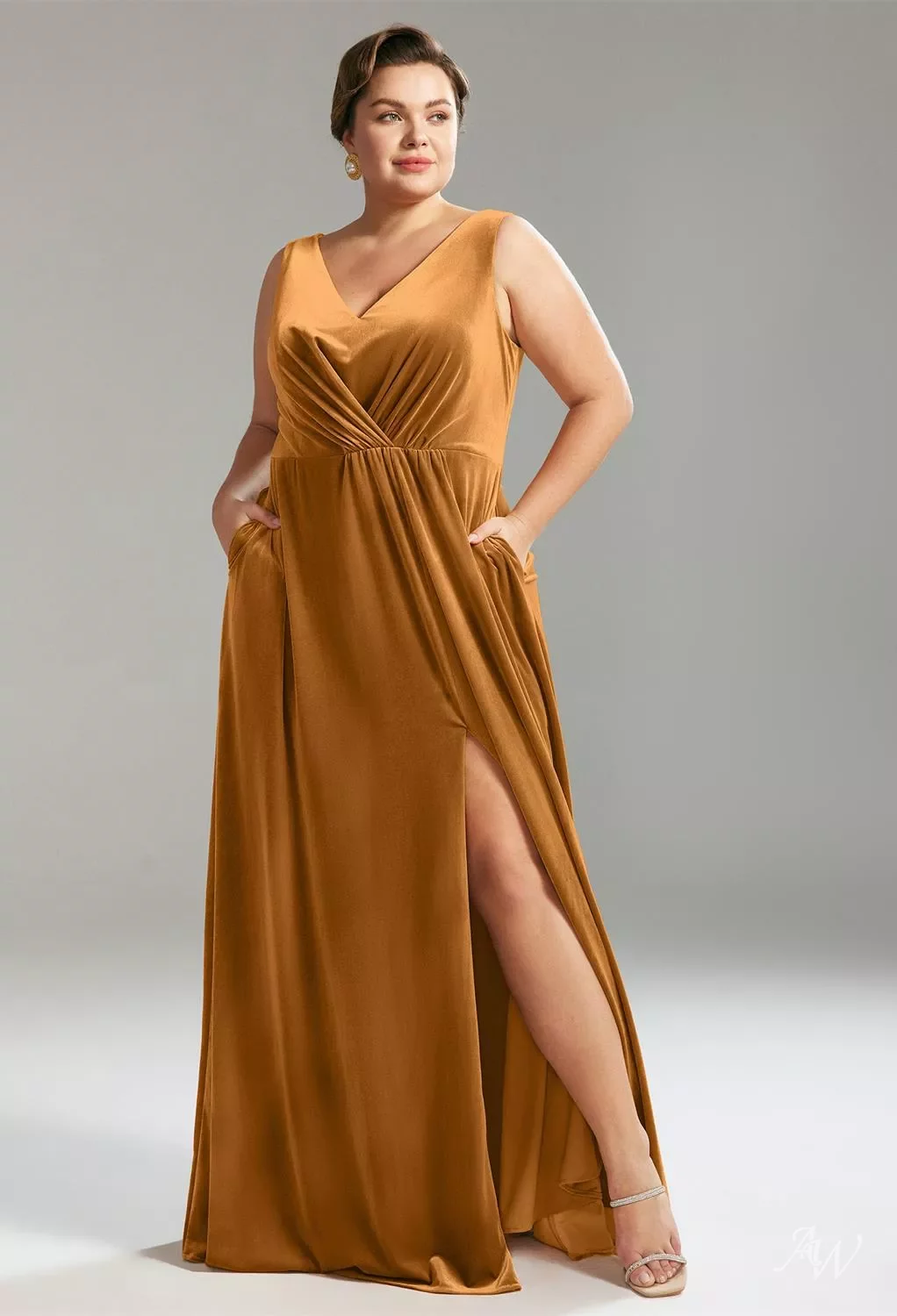 AW Marjorie Dress, Burnished Gold Velvet Floor Length V-Neck