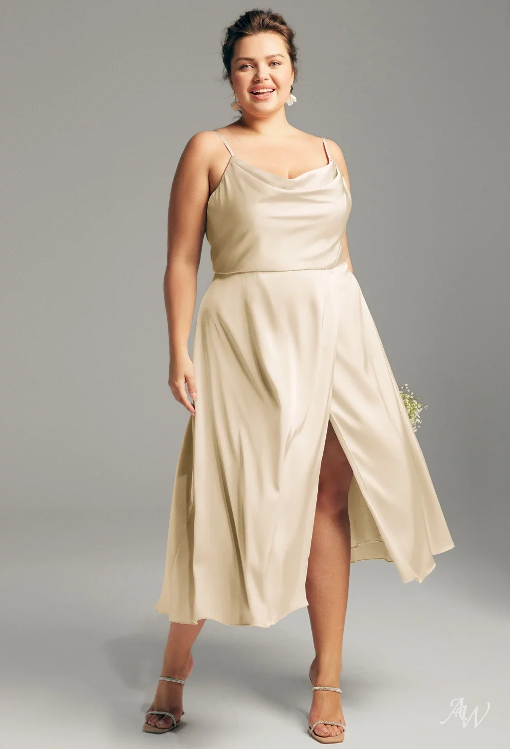 AW Renee Dress, Sage Green Satin Charmeuse Tea Length Cowl Neckline  Bridesmaid Dresses | AW.Bridal