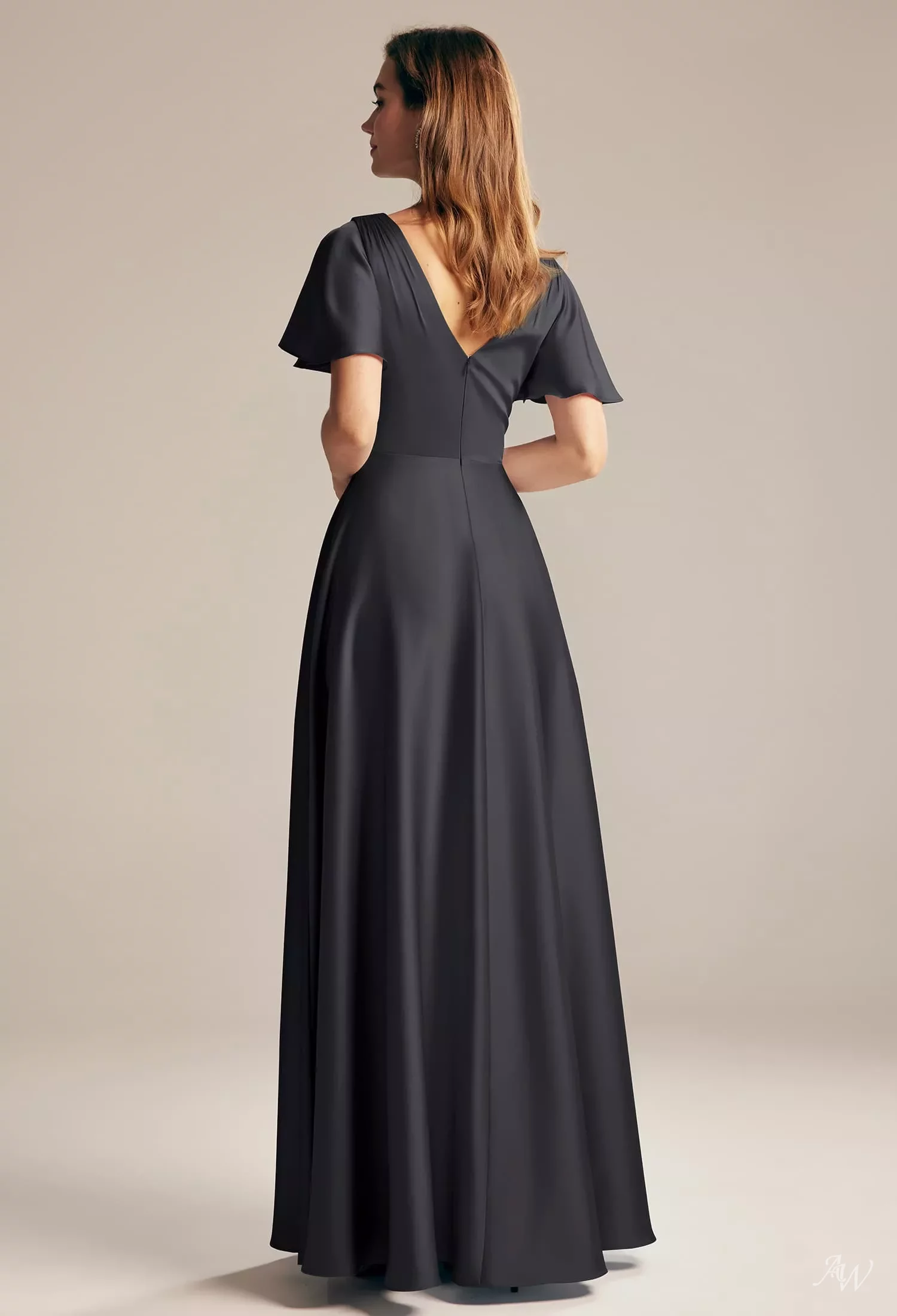 AW.Bridal Bridesmaid Dresses Stretch Satin A-line V-Neck Floor Length Short Sleeves Pleat Dress Baby Blue Size 18