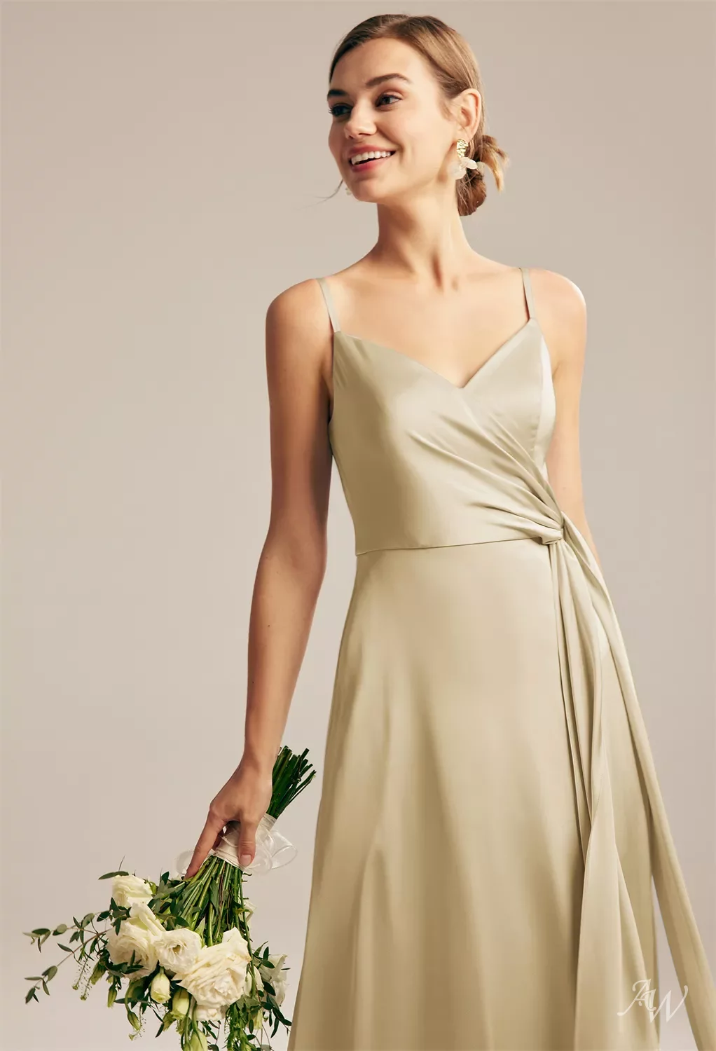 beige satin bridesmaid dresses Champagne Crossed Halter Mermaid Ruffled Satin Long Bridesmaid Dress Champagne / US 12