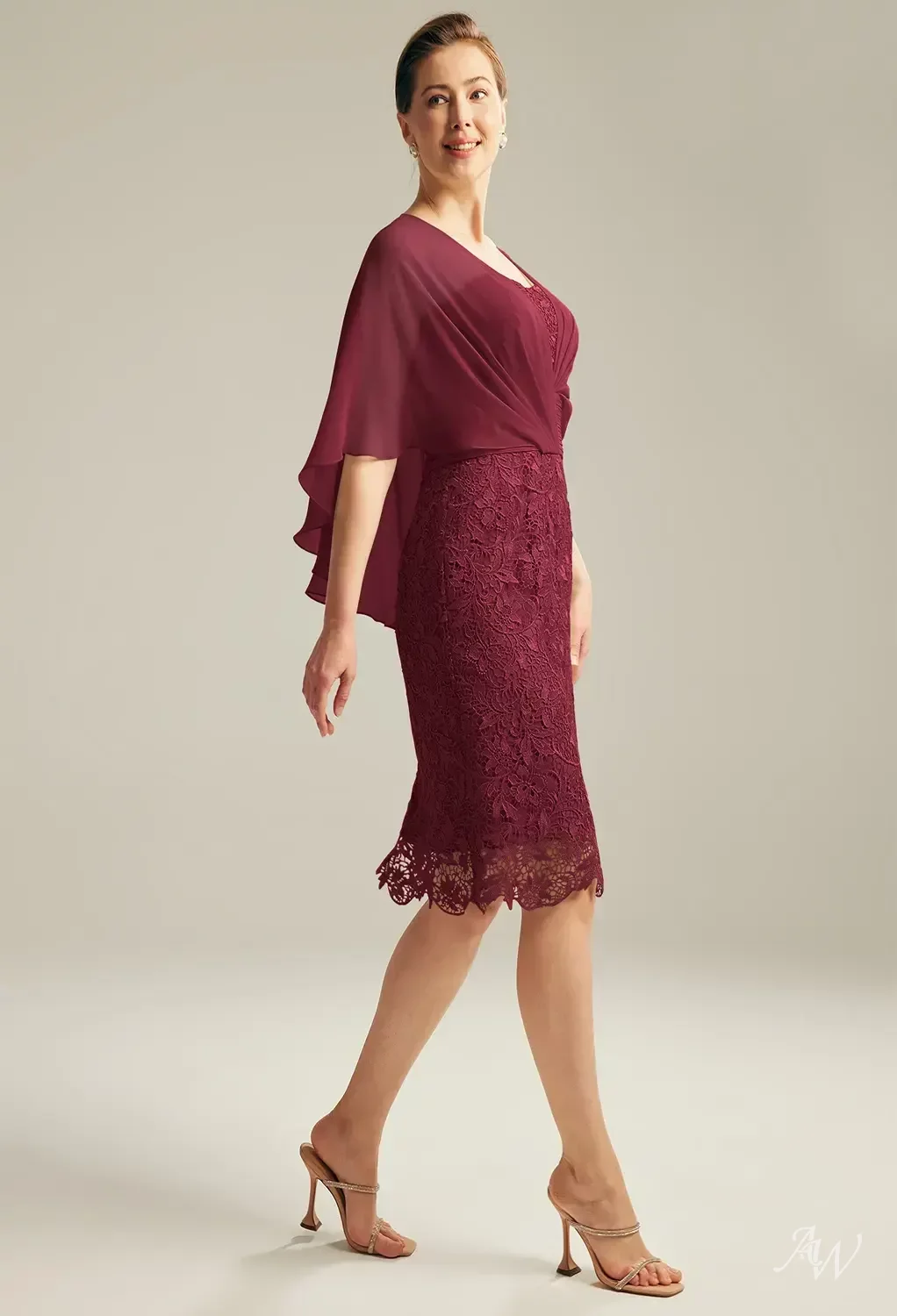 AW Lynda Dress, Burgundy Lace Knee Length V-Neck Mother of the Bride Dresses  | AW.Bridal