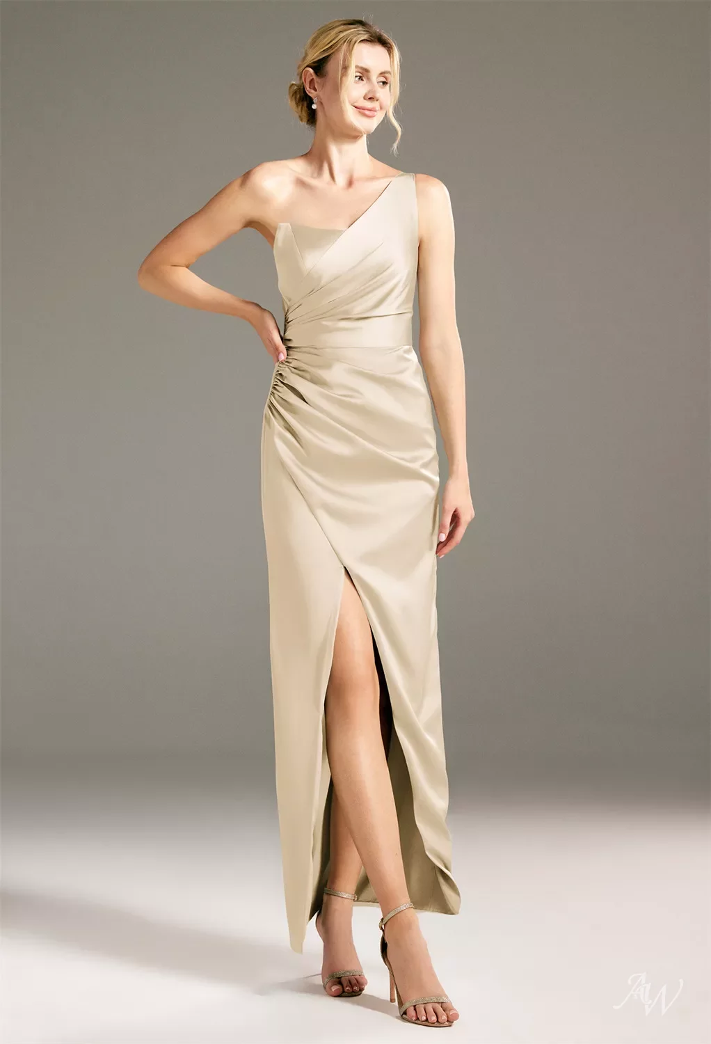 satin charmeuse bridesmaid dress AW.Bridal Column One Shoulder Floor Length Sleeveless Ruching Split Long Dresses Sage Green Size 8 Flavor:Lemon Cake w/ Bavarian Cream & Strawberry Puree